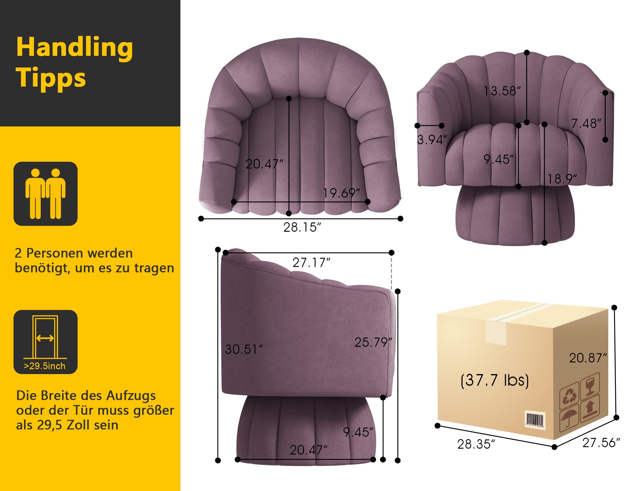 Mid Century - Sillón redondo giratorio de 360 grados con amplio acolchado de terciopelo para salón, dormitorio, oficina, sala de espera (morado)