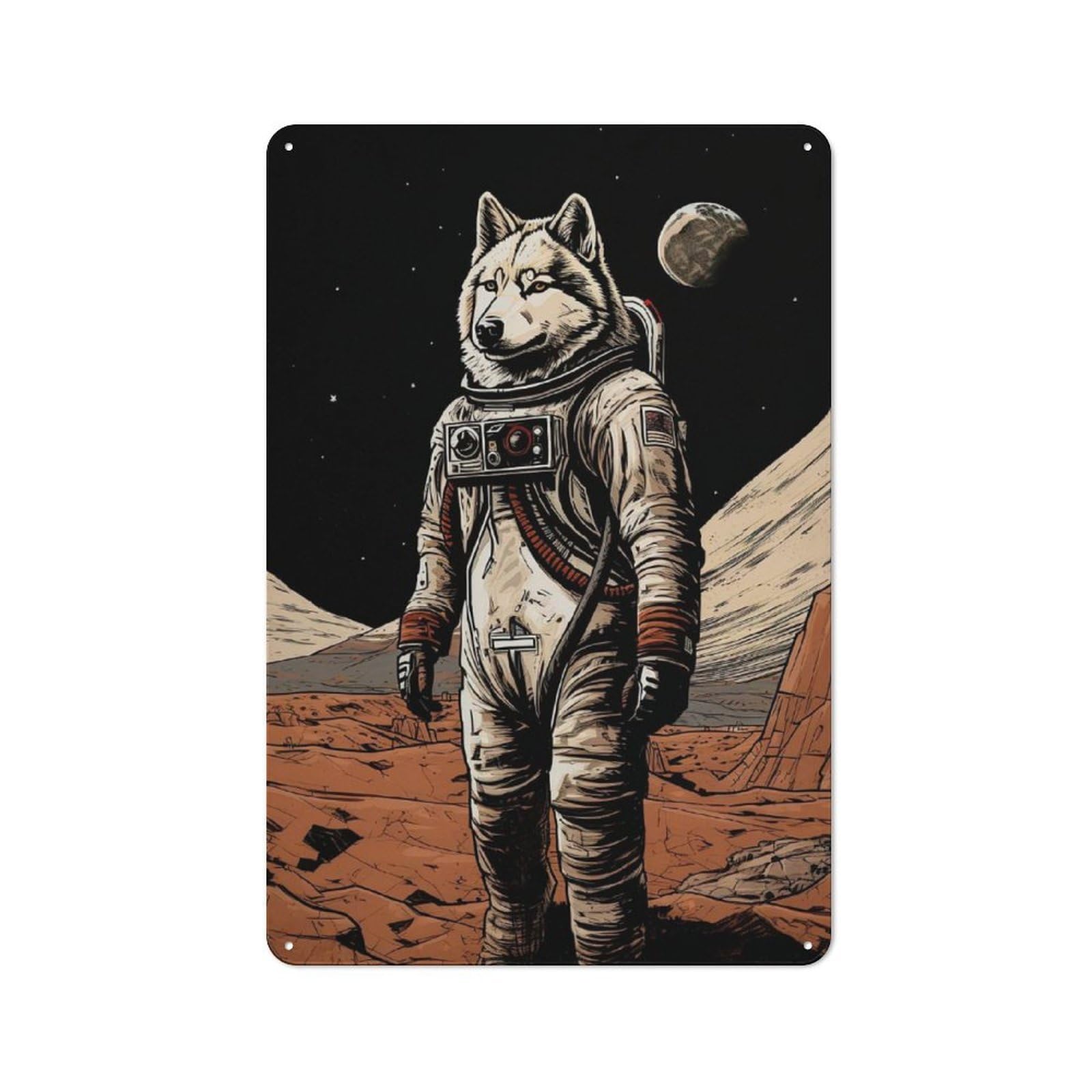 Junmoney Style-1 Husky Astronaut On Mars Modern Retro Metal Wall Decor 30X20cm, Metal Wall Sign For Loft, Studio, Office Or Creative Room