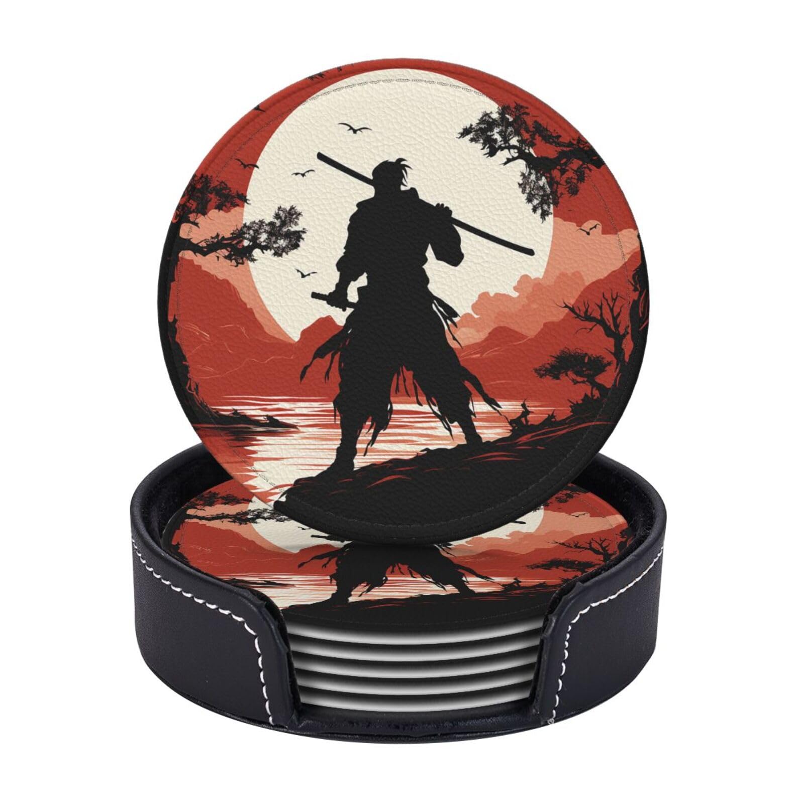 Round Coasters for Drinks Set of 6 - PU Leather Coasters with Holder - Modern Drink Coasters for Coffee Table - Samurai Coaster for Tabletop Protection 4" Cup Mat Pad