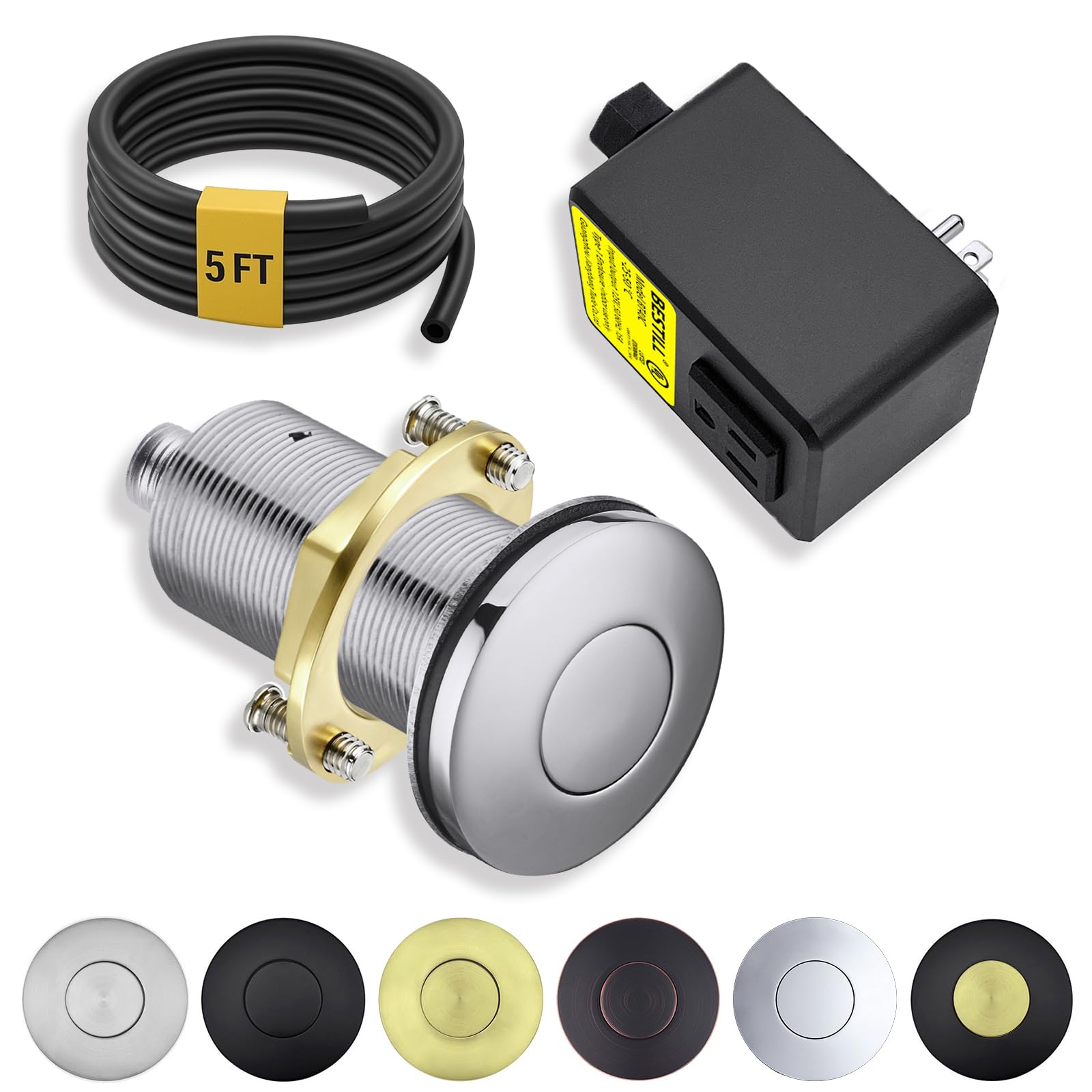 BESTILL All Metal Garbage Disposal Air Switch Kit, UL Listed Polished Chrome Long Push Button for Waste Disposer, Cordless Sink Top Switch On/Off Button, Compatible with All Garbage Disposals