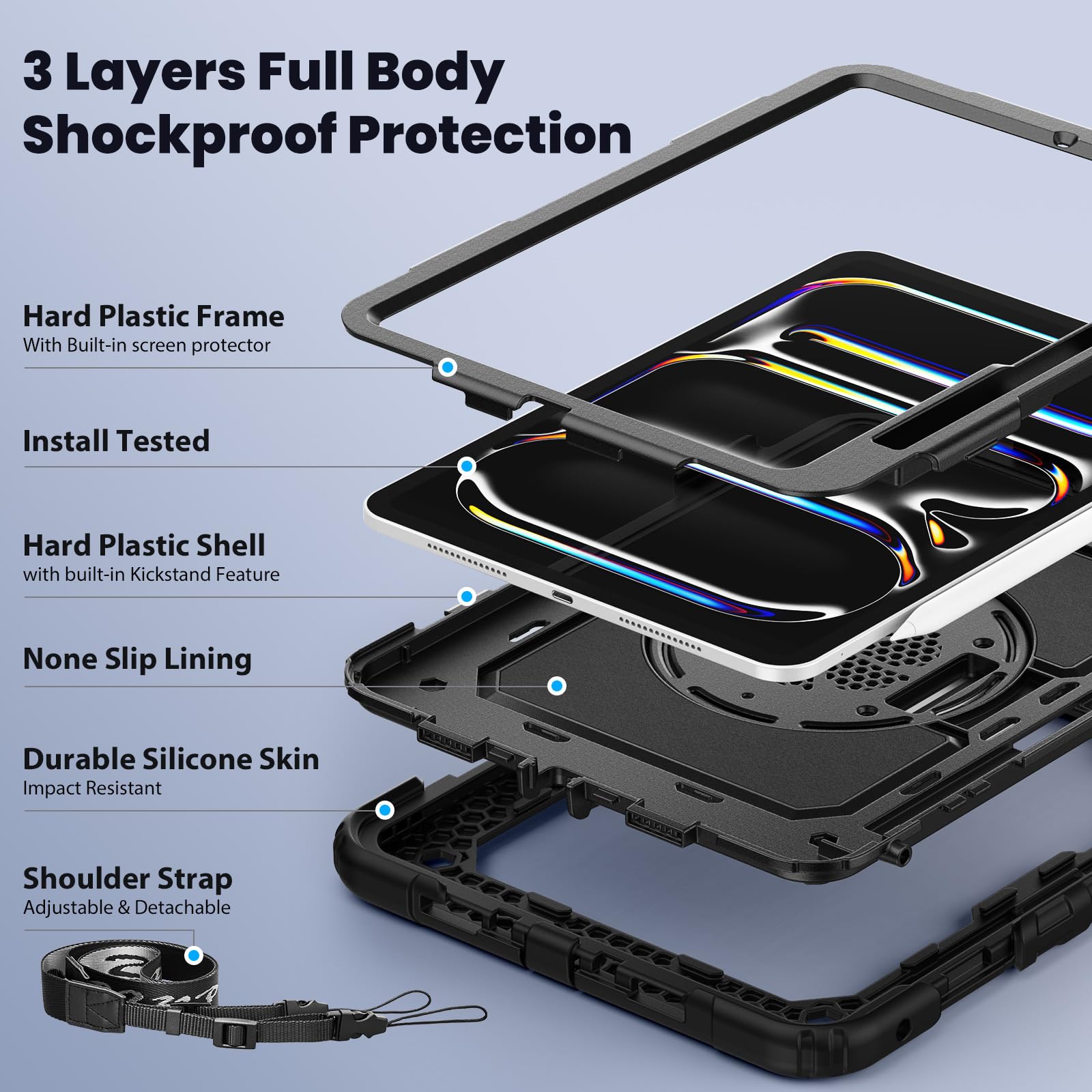 SEYMAC Funda para iPad Pro 11 Pulgadas M5/M4 2025/2024, Funda Resistente a Impactos con Protección para Pantalla, Soporte Giratorio 360°, Correa para el Hombro y Soporte para Lápiz, Negro