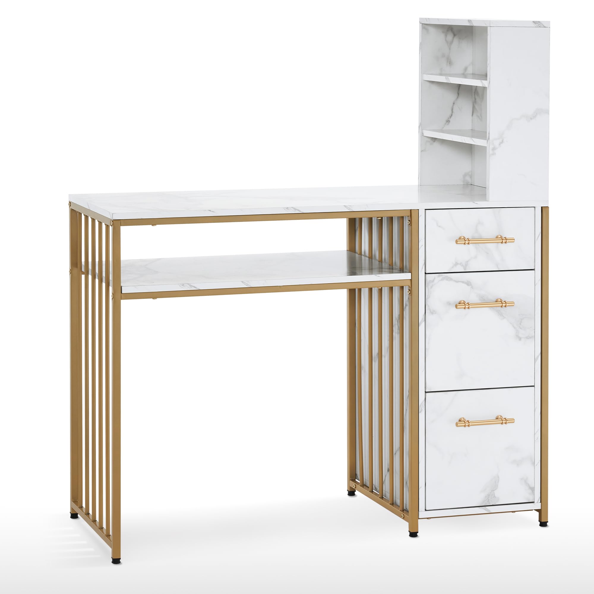 BarberPub Manicure Table with Drawers, Marbling Texture Nail Desk with Storage, Spa Beauty Salon Station, Modern Workstation with Open Shelves 2423 (White)