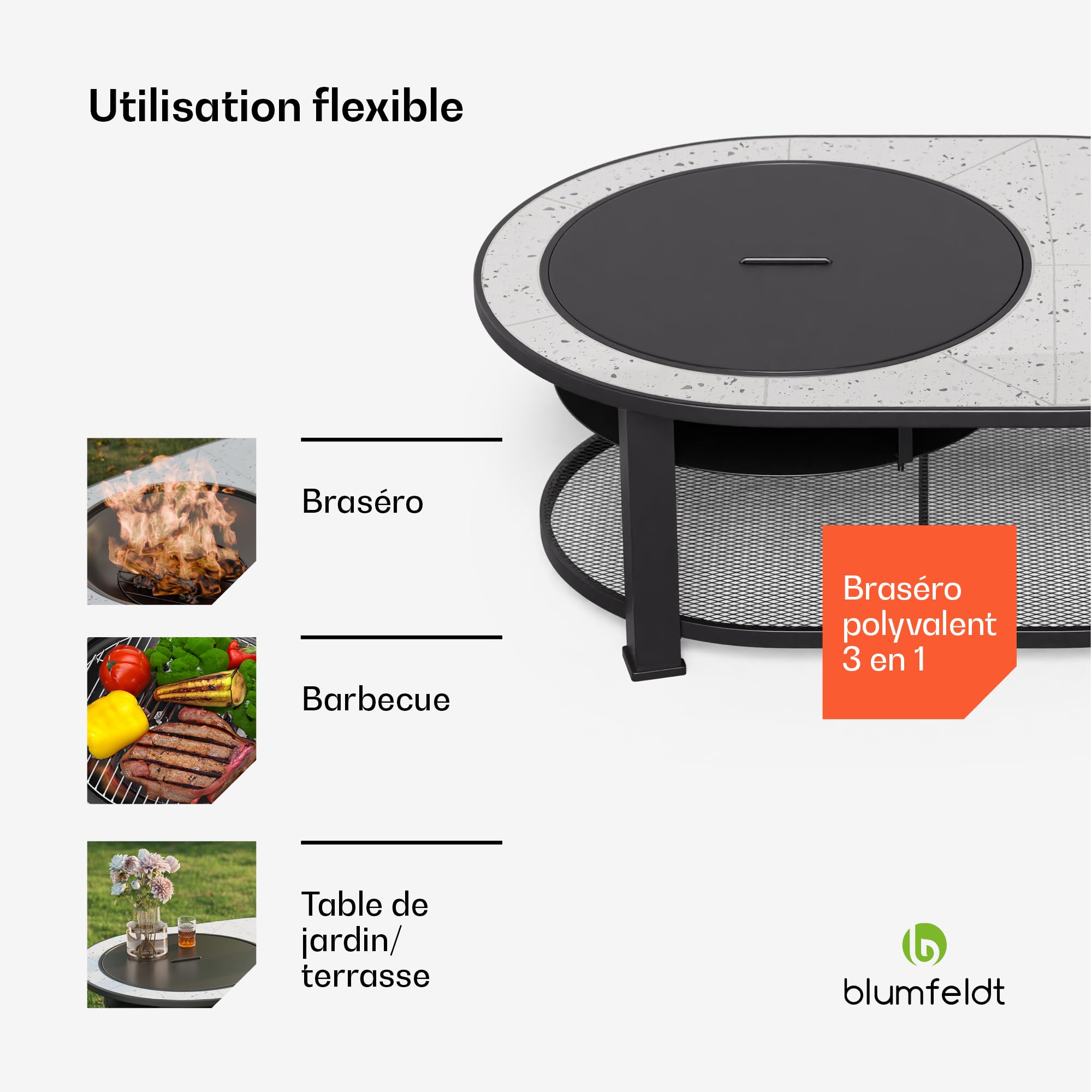 Blumfeldt Merano Circolo L Brasero Exterieur - 3-en-1 Brasero, Barbecue & Table, Plateau Terrazzo, Cadre Acier Robuste, Pare-Étincelles, Grille & Tisonnier Inclus, Idéal Jardin & Terrasse