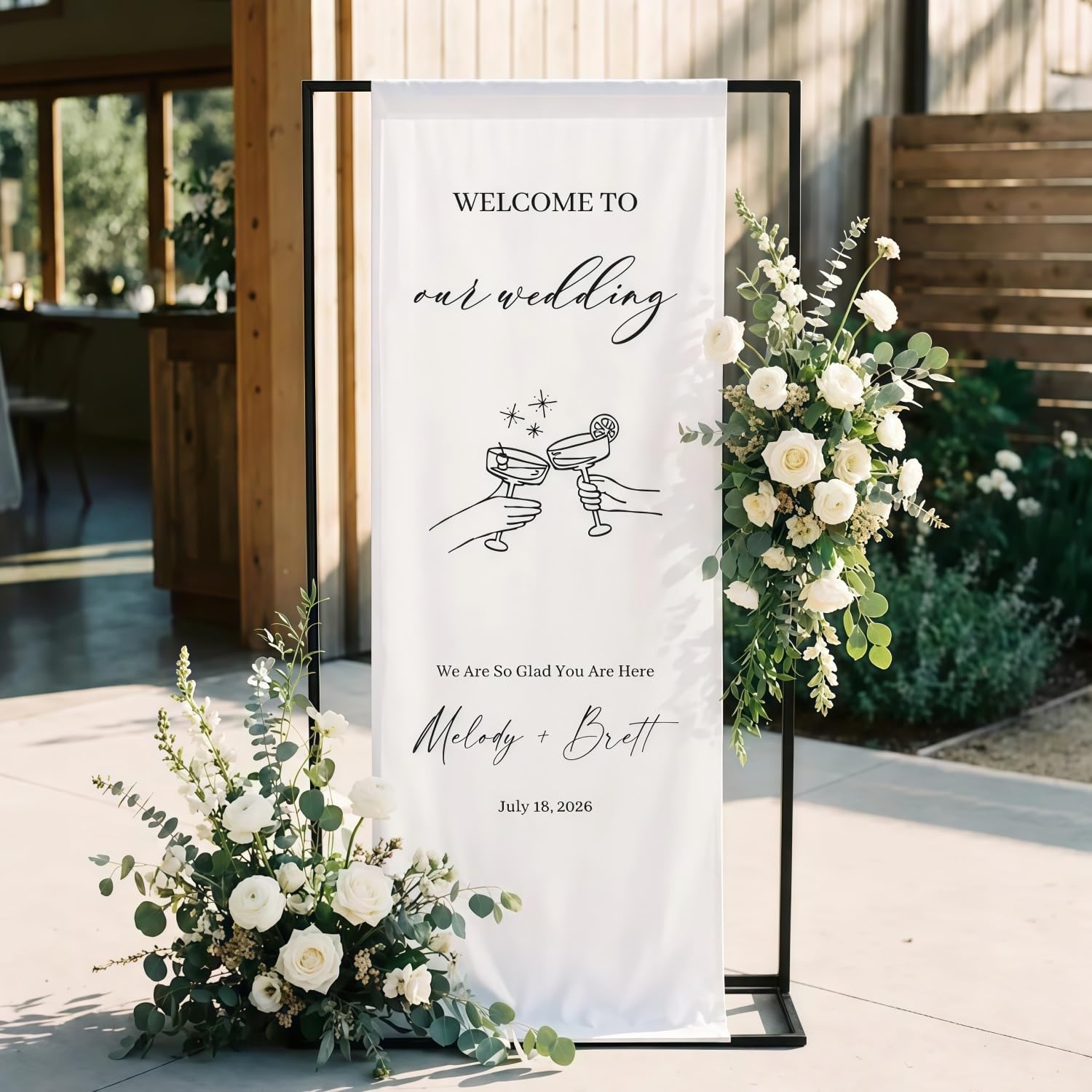 Bfbzyme One Color Personalized Linen Wedding Welcome Sign Banner, Custom Names And Date Fabric Hanging Sign, Rustic Outdoor Wedding Ceremony Decoration, Reception Entrance Decor(75X200cm)
