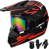 Youth Kids Motocross Helmet Motorcycle Dirt Bike Off-Road Mountain Bike BMX MX ATV Helmet with(Gloves Goggles Mask) 4Pcs Set - DOT Approved(Red,L)