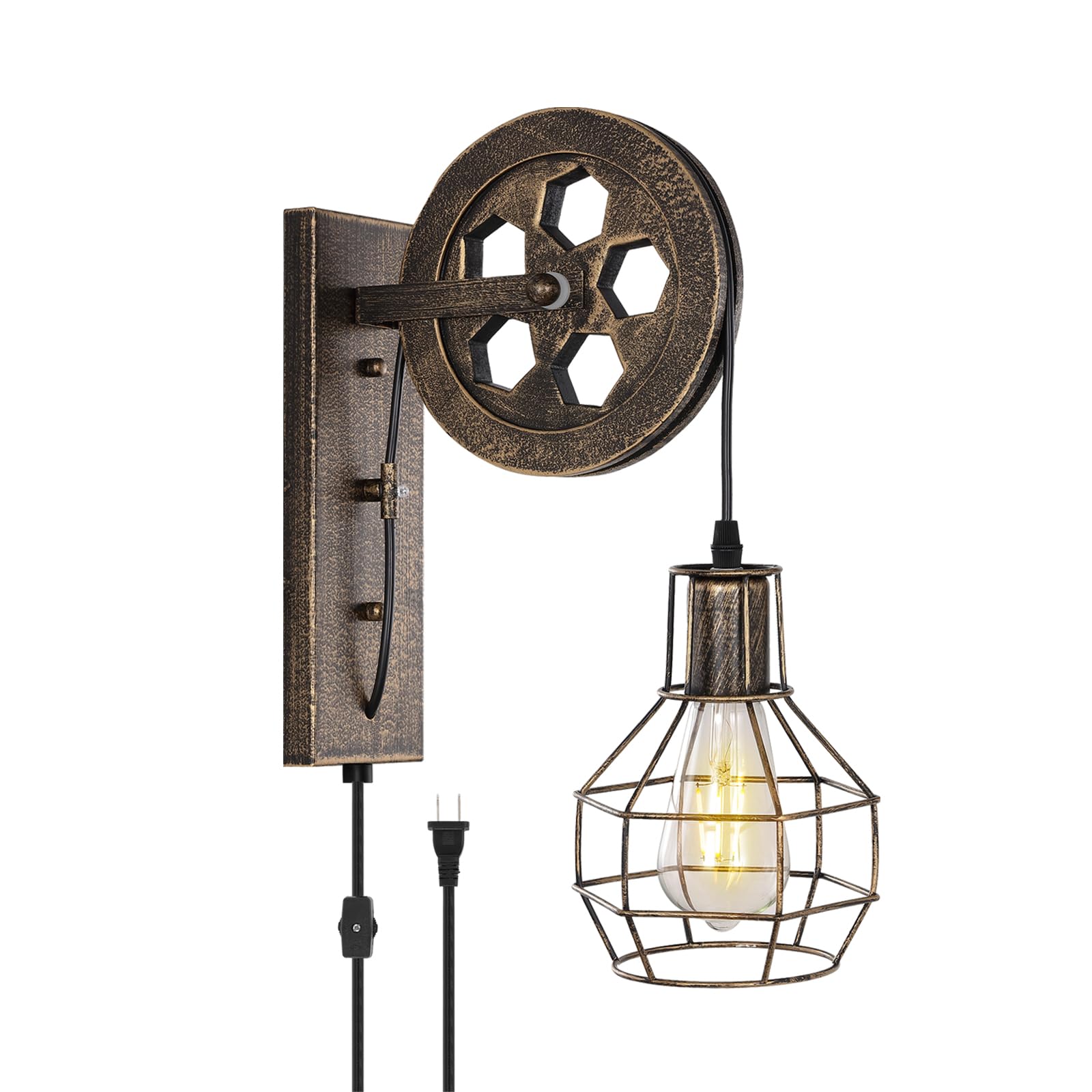 BAODEN Plug in Wall Sconce Rustic Wall Light Lift Pulley Matte Iron Cage Shade Industrial Mid Century Wall Lamp Indoor Lighting Barn Restaurant (