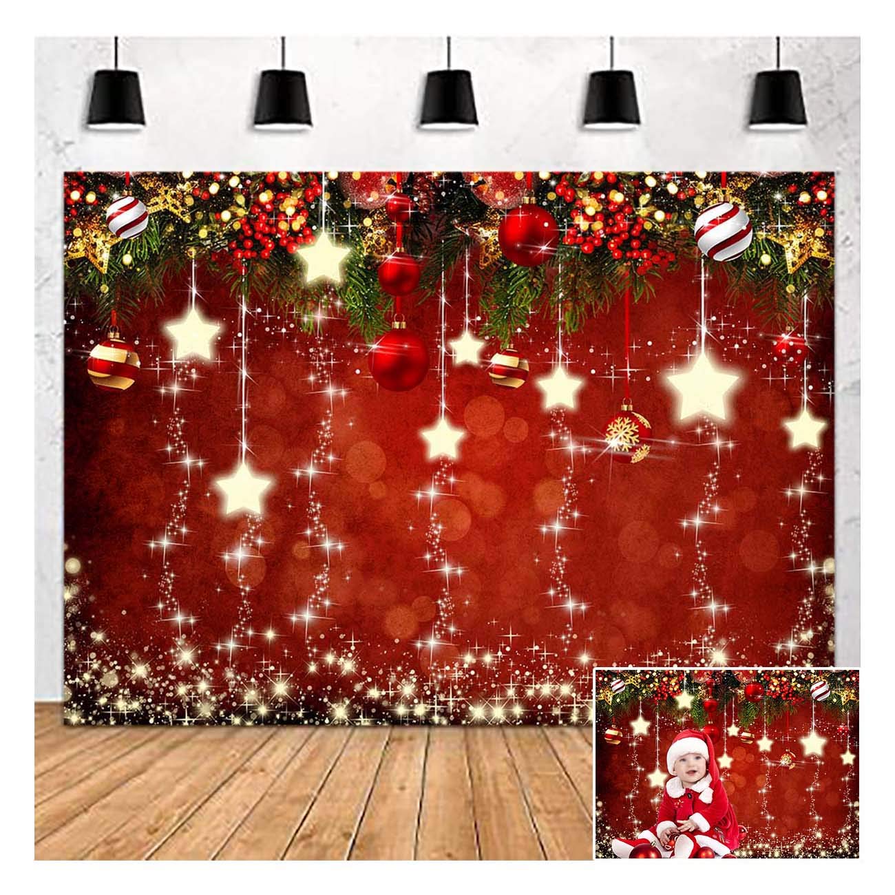 Sparkling Stars Red Christmas Photography Background 5x3ft Vinyl Glitter Sparkle Christmas Trees Xmas Ball Tree Happy New Year Decor Photo Backdrops