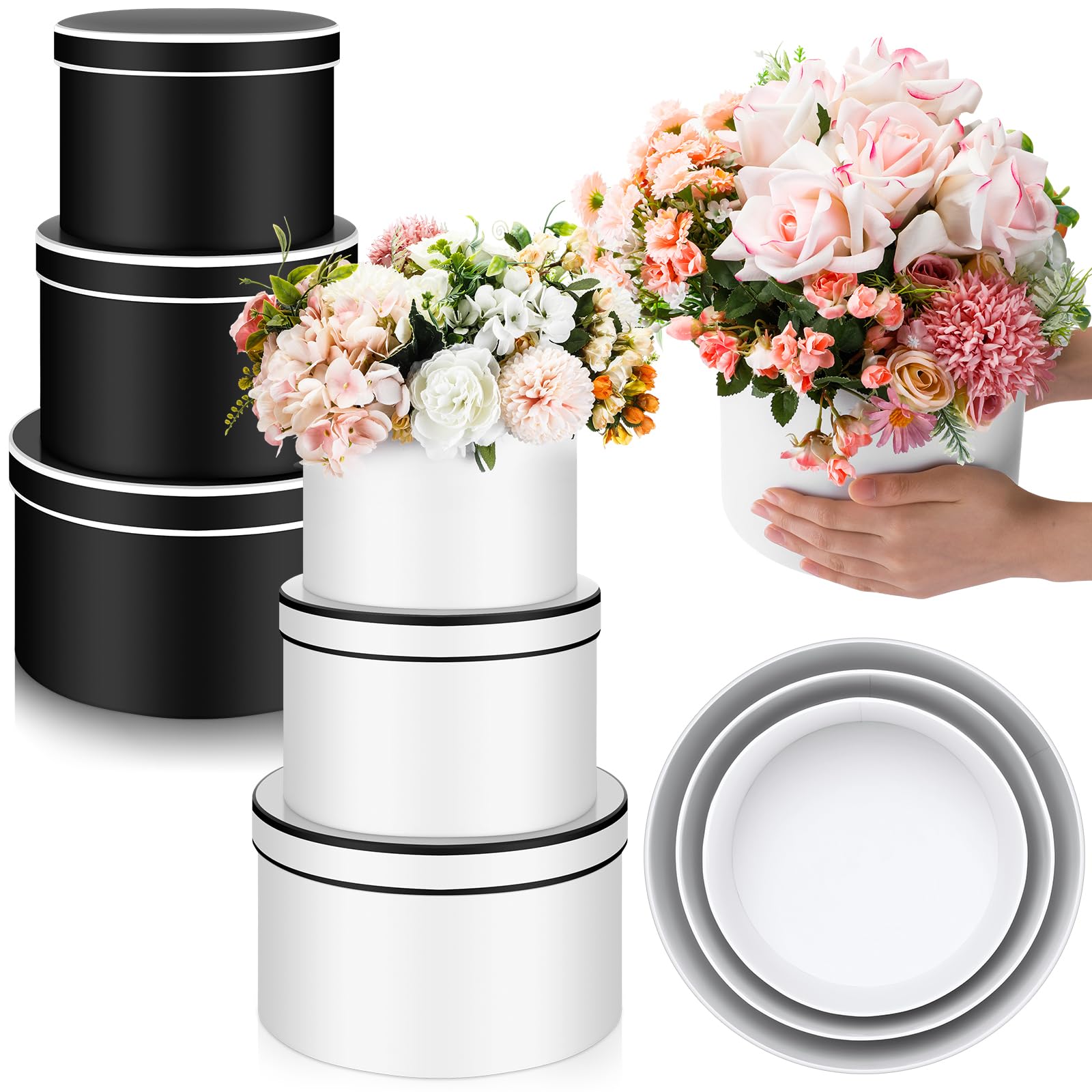 Cholemy Set of 6 Round Flower Boxes with Lid Three Sizes Nested Gift Box Luxury Flower Arrangement Boxes for Mother's Day Wedding Bridesmaids Graduation Birthday Baby Showers Gift(Black, White)