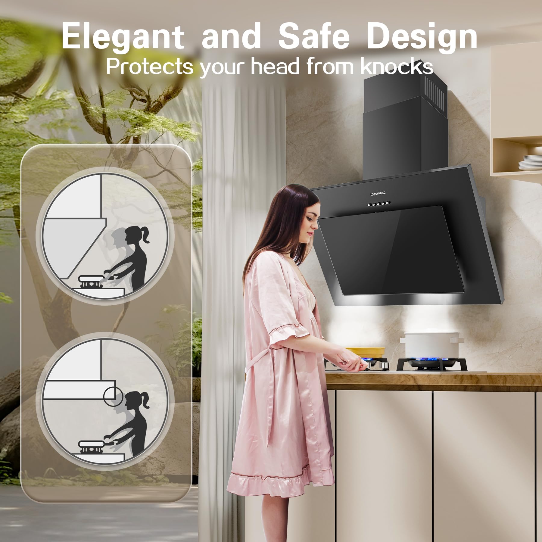 TopStrong Cooker Hood 60cm, Class A++ Extractor Fan Kitchen with Carbon Filters, Wall Mounted Extractor Hood with Recirculating & Ducting System, 3 Speed Black Painting & Tempered Glass, LED Lights - 3