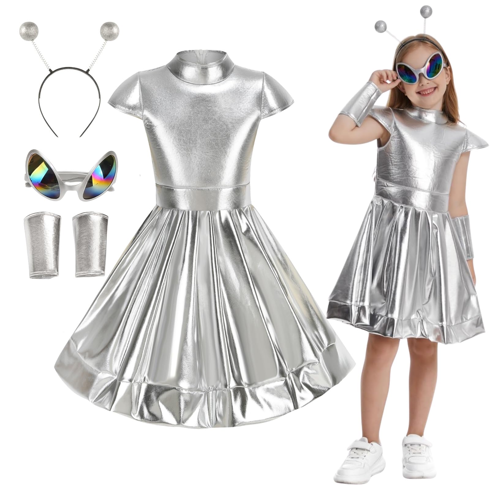 maxToonrain Kids Alien Costume Set for Girls, Alien Dress with Backpack, Sunglasses, Headband, Halloween Cosplay Outfit for Child (Silvery, 6-7 years) — image 1