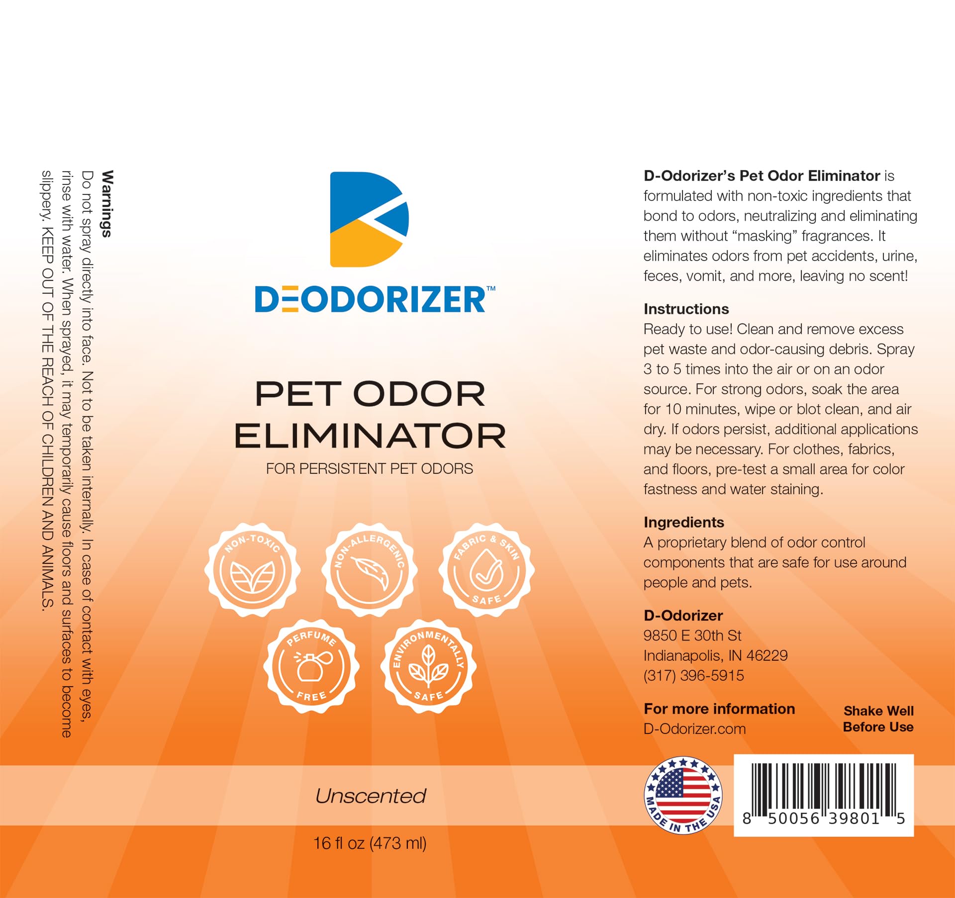 D-Odorizer Pet Odor Eliminator for Persistent Pet Odors - Pet Accidents, Urine, Feces, Vomit - Unscented - 16oz Spray