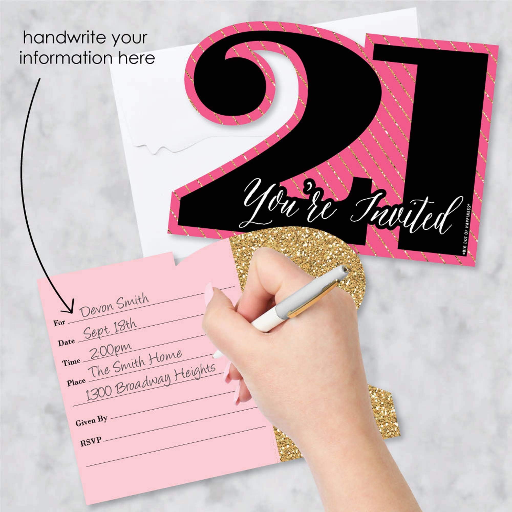 Big Dot of Happiness Finally 21 Girl - Shaped Fill-In Invitations - 21st Birthday Party Invitation Cards with Envelopes - Set of 12