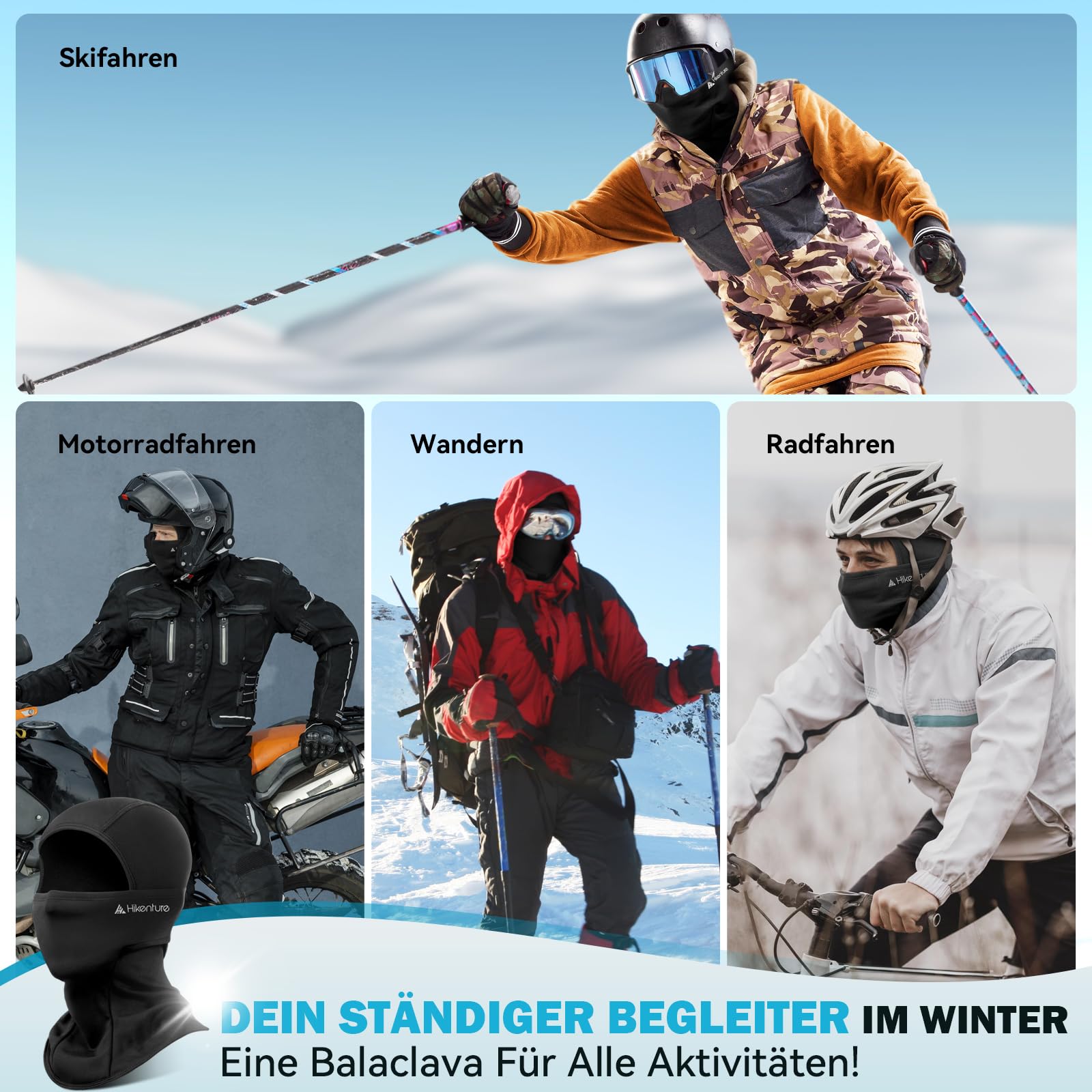 HIKENTURE Sturmhaube Winter, Balaclava Herren Damen, Winddichte Sturmmaske Schwarz, Warme Skimaske Motorrad Fahrrad, Ski Mask, Sturmhauben, Gesichtshaube für Outdoor Sports, Skifahren, Radfahren