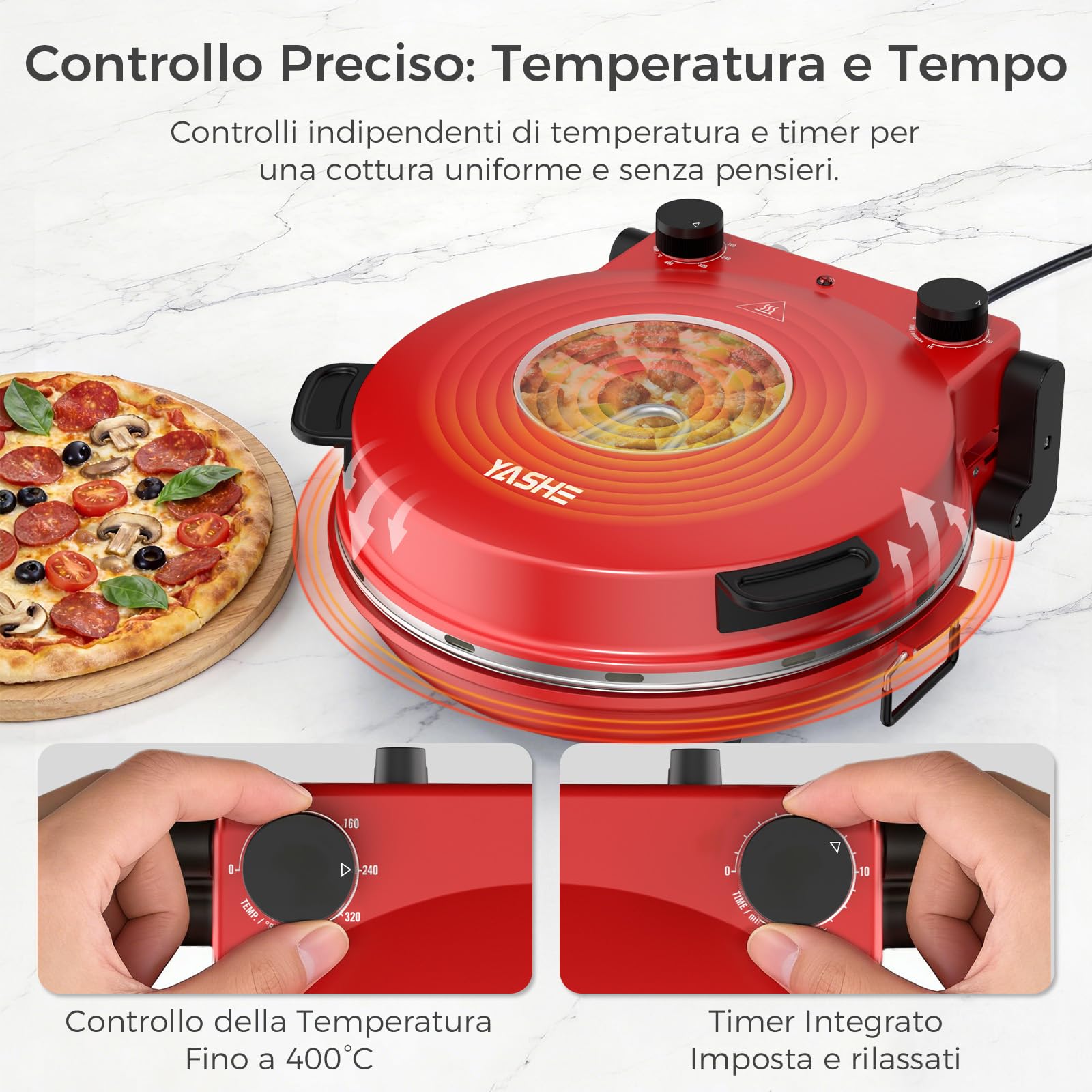 YASHE Forno Pizza Elettrico 400°C, 1200W, Pizza Pronta in 4–6 Minuti | Pietra Refrattaria 30 cm, Doppio Riscaldamento, Forno Per Pizza Da Interno , Timer, Finestra, Portatile