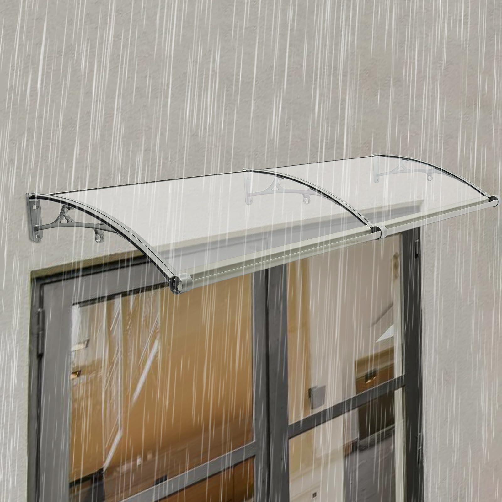 Marquesina para Puerta de casa, 200 x 60 cm, con Marco Plateado + Placa Transparente, toldo de Aluminio para Puerta de Entrada, toldo para Exterior, protección Solar y Lluvia
