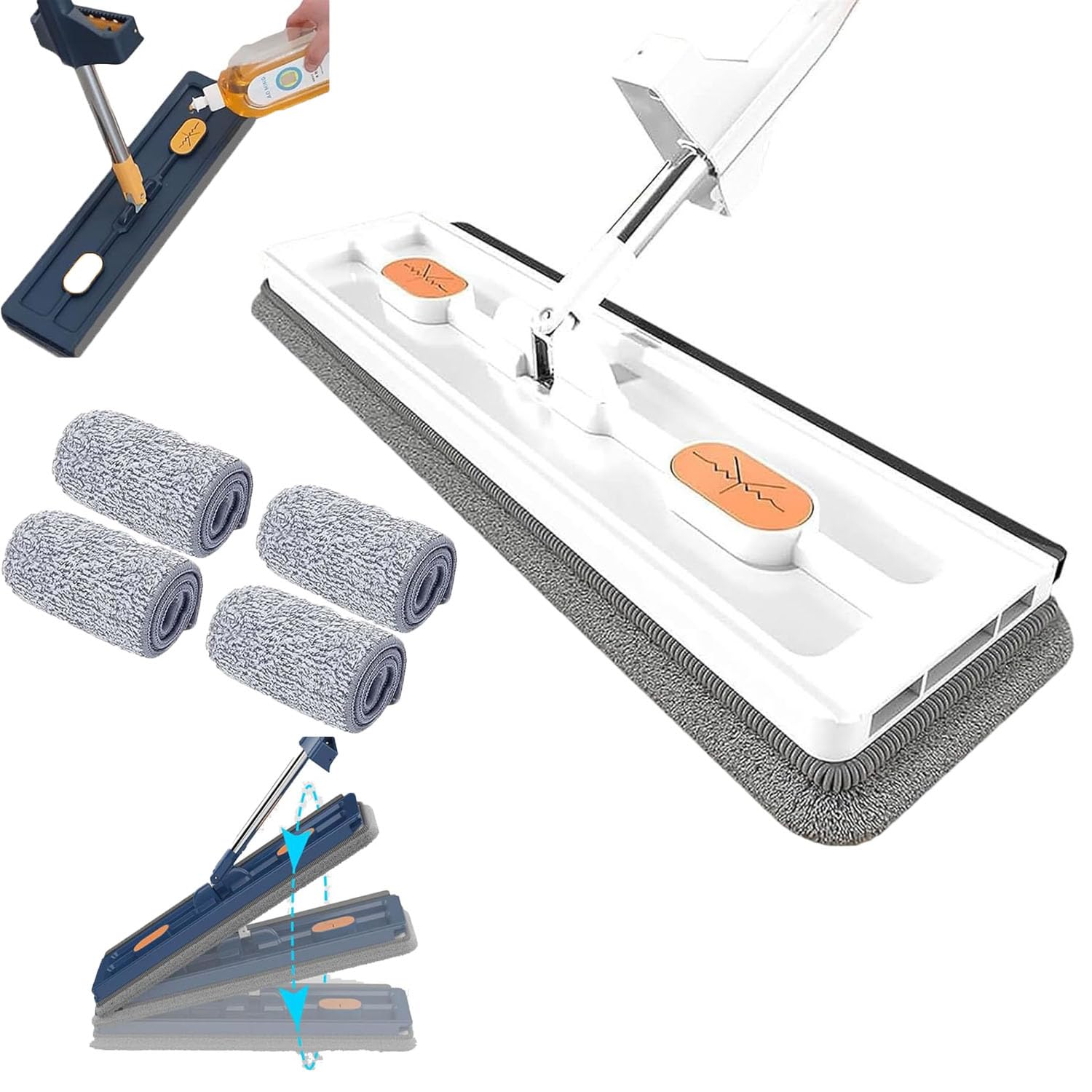 Grand Balai Plat De Nouveau Style,Large Flat Mop, Self-Contained Dewatering Scraper Mop,Large Flat Mop and Bucket System,Large Flat Mops for Floor Cleaning,Flat Mop with Self Wringer (4Rag, White)