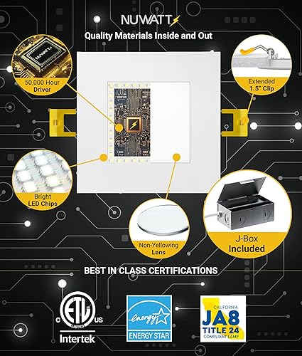 Miniatura 4 de NUWATT Paquete de 12 luces LED empotrables cuadradas ultrafinas de 6 pulgadas, seleccionables 2700 K3000 K3500 K4000 K5000 K, alto brillo 1050