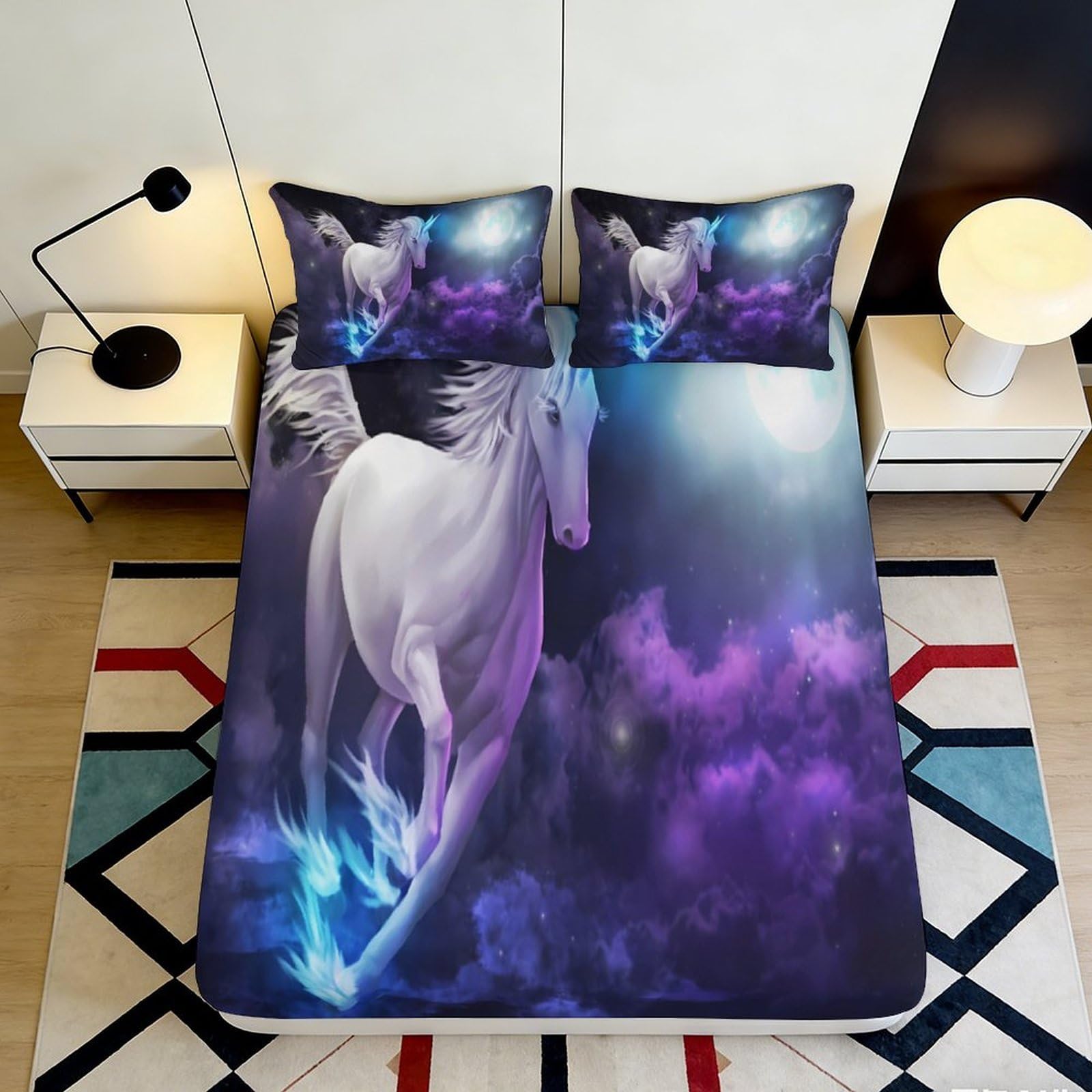 3D Printed Moonlit Unicorn Fitted Sheet Microfiber Non-Slip Purple Fantasy Night Mattress Cover for Bedroom Dorm Decor 90x200x25cm