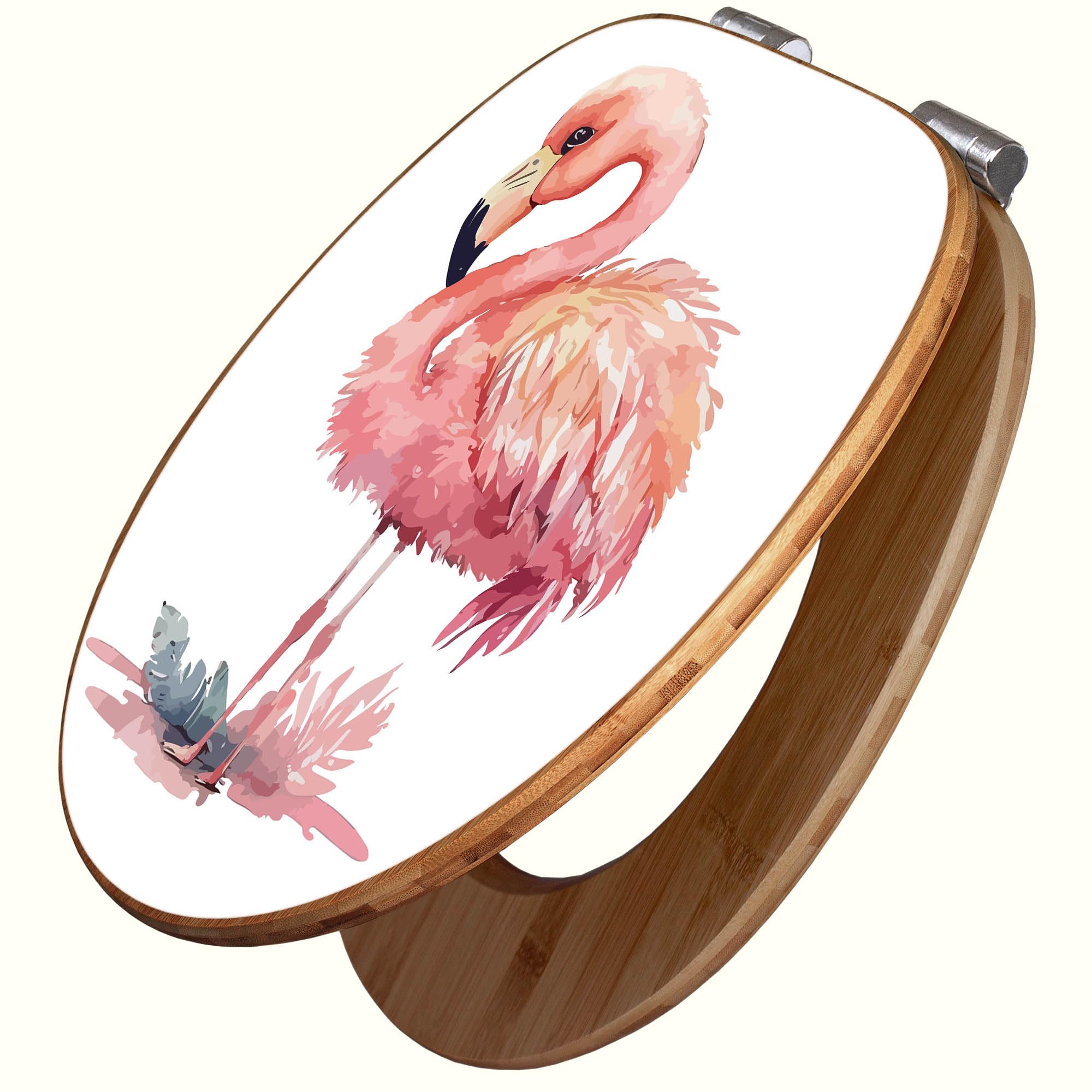 banjado Design WC Sitz Bambus Absenkautomatik 45,8x37,5cm - Toilettendeckel mit Absenkautomatik Holz - hochwertiger Bambus Klodeckel - WC-Sitz für gängigen Toiletten - Motiv Aquarell-Flamingo klein