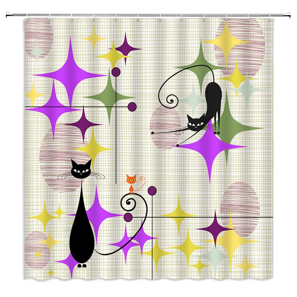 Mid Century Atomic Black Cat Shower Curtain Retro Atomic Stars Abstract Iconic Cute Animal 1950s 1960s Vintage Geometric Fabric Bathroom Decor Curtain with Hooks