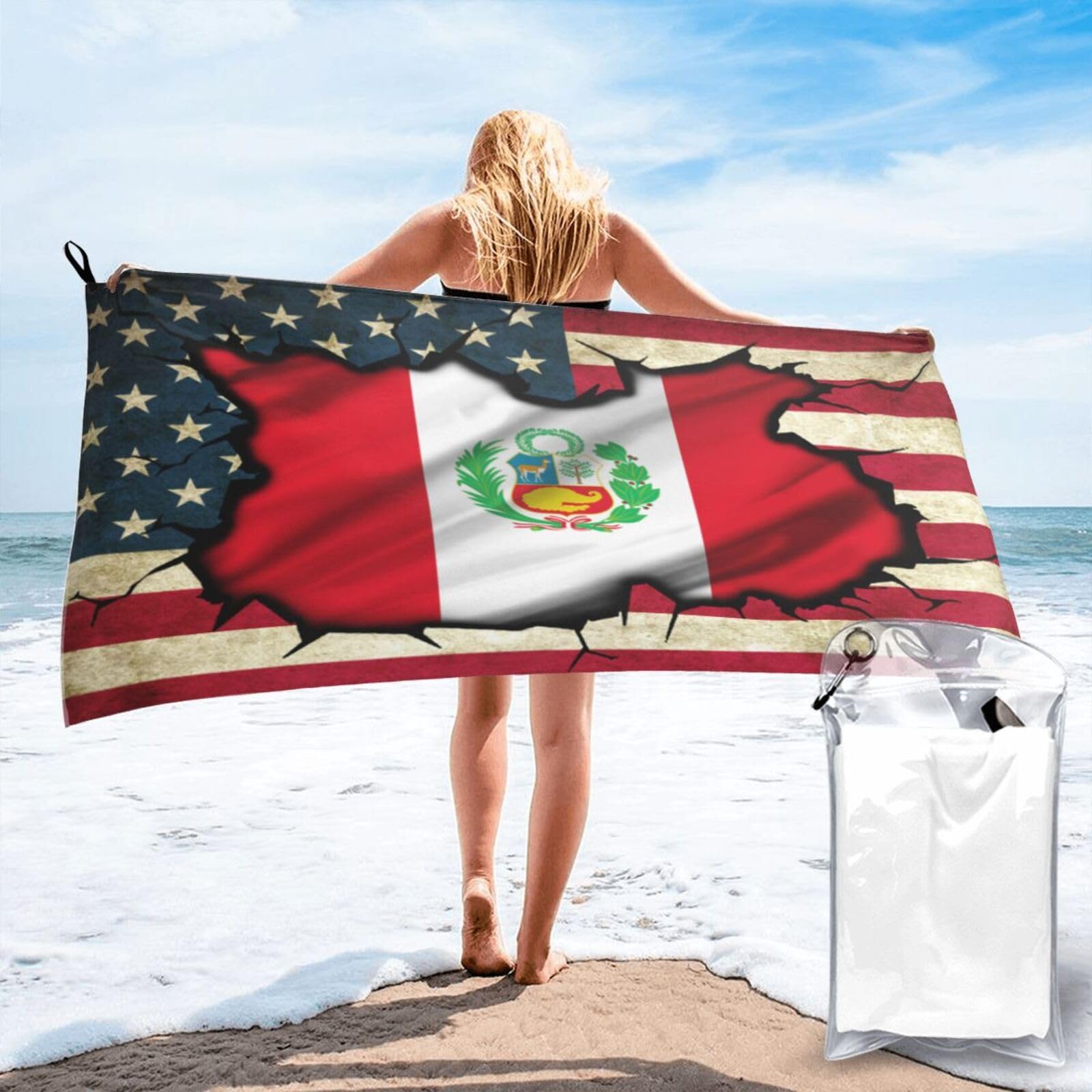 HACXZ Vintage America Flag and Peru Flag Absorbent Beach Towel Microfiber Beach Towel Lightweight 27.5"X55"