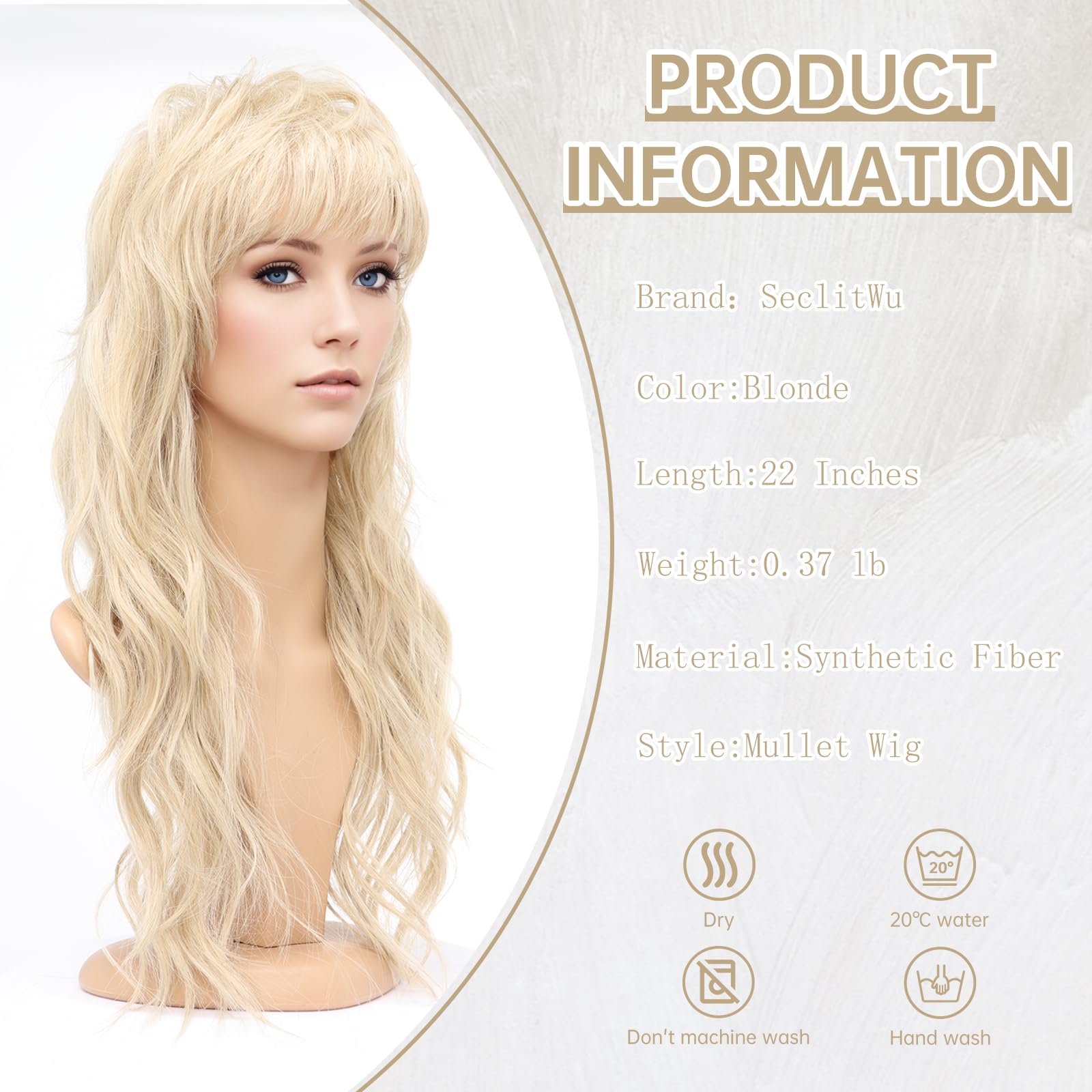 SeclitWu 80s 90s Retro Blonde Mullet Wigs Pixie Cut Wigs with Bangs for Women Wolf Cut Wig Middle Part Blonde Synthetic Heat Resistant Fiber Costumes Cosplay Hair Wig for Daily Party Use (22 Inch) - Image 3
