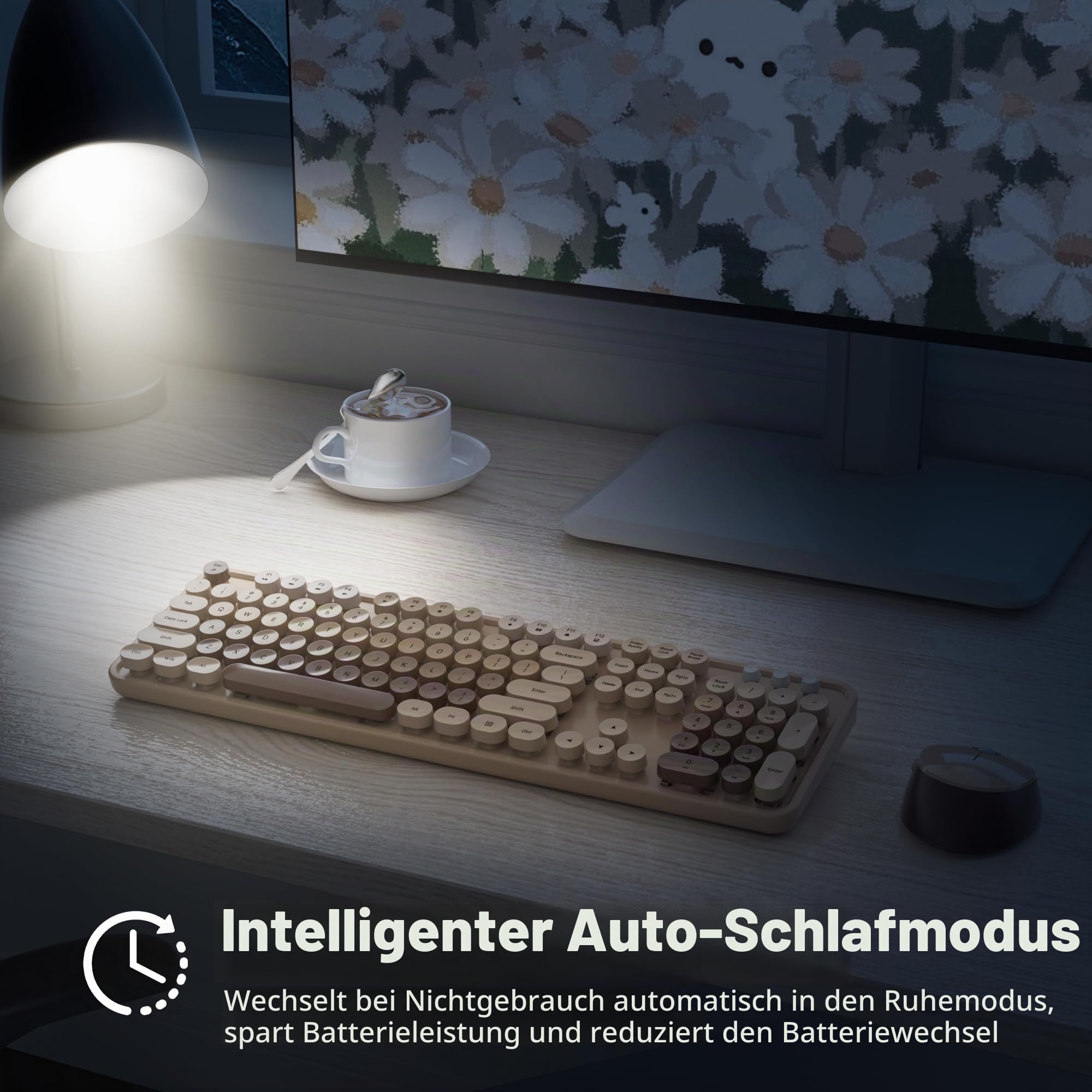 SOLIDEE kabellose Tastatur- und Maus-Kombination,Retro-Schreibmaschinen-Tastatur,2.4GHz runde Tastenkappe Tastatur mit Ziffernblock,104 Tasten ergonomische(Amerikanisch QWERTY)(Mixed Coffee)