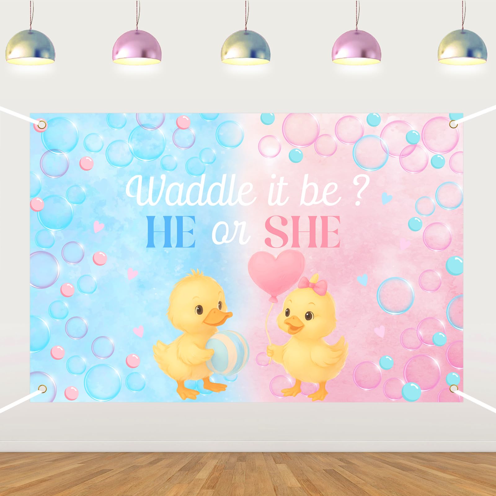Duck Gender Reveal Backdrop Pink Blue Duck Themed He or She Waddle It Be Photograph Background Cute Ducky Cake Table Banner for Boy or Girl Gender Reveal Party Baby Shower Supplies 5x3ft