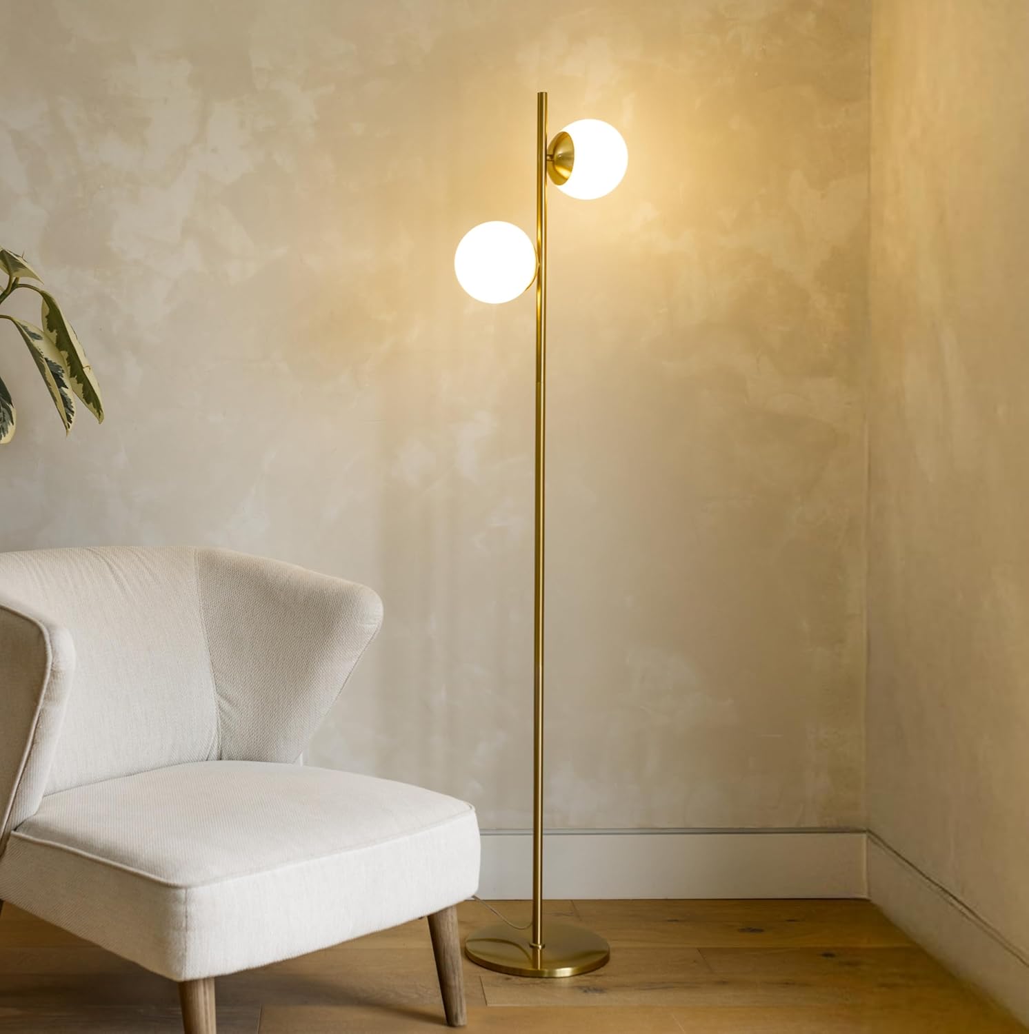 Elegant Brass Triple-Head Torchiere Floor Lamp with Glass Shades