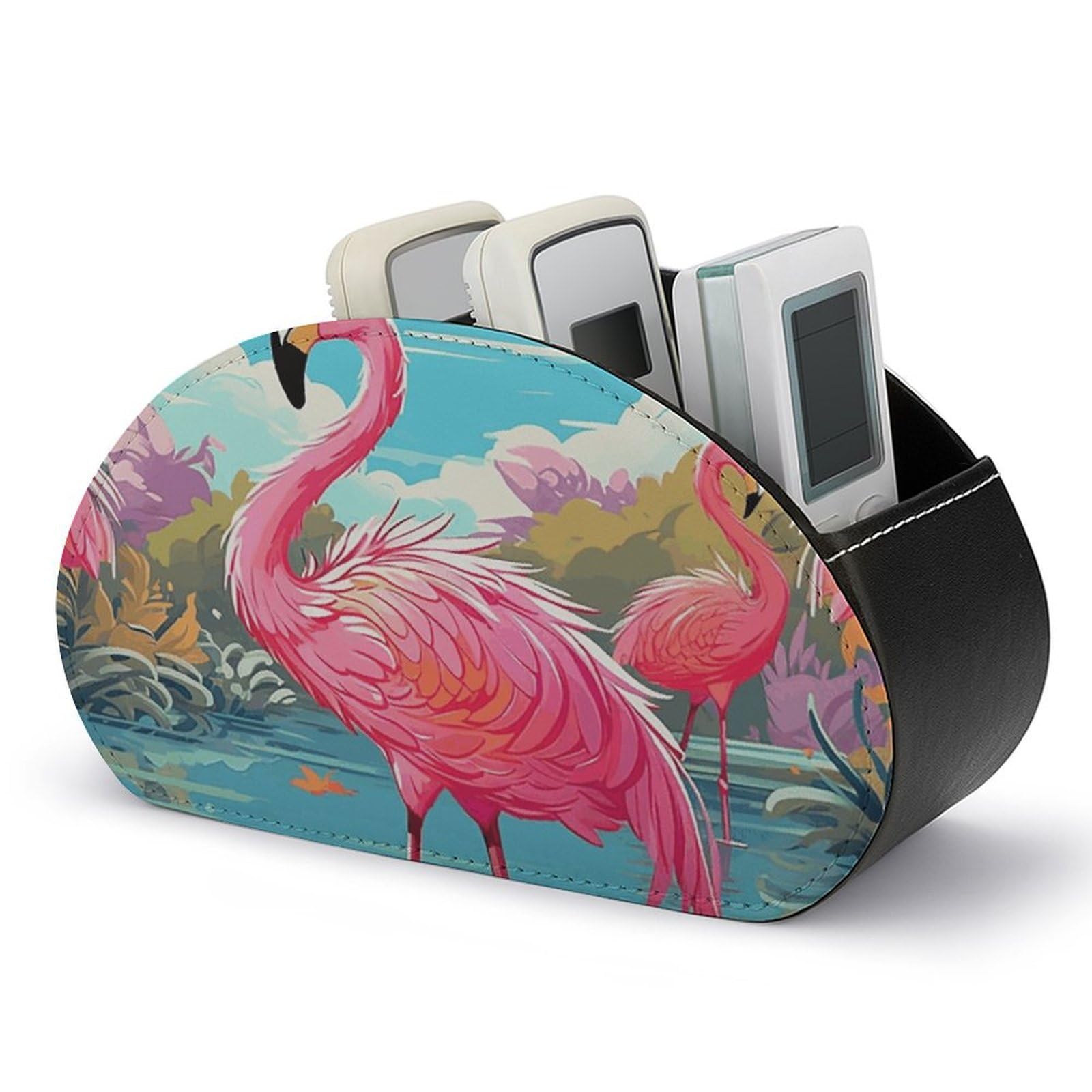 LZQPOEAS Flamingo Bird Remote Control Holder with 5 Compartments PU Leather Remote Organizer Box Caddy for Table Nightstand Remote Caddy Desktop Organizer Fits Media Controllers