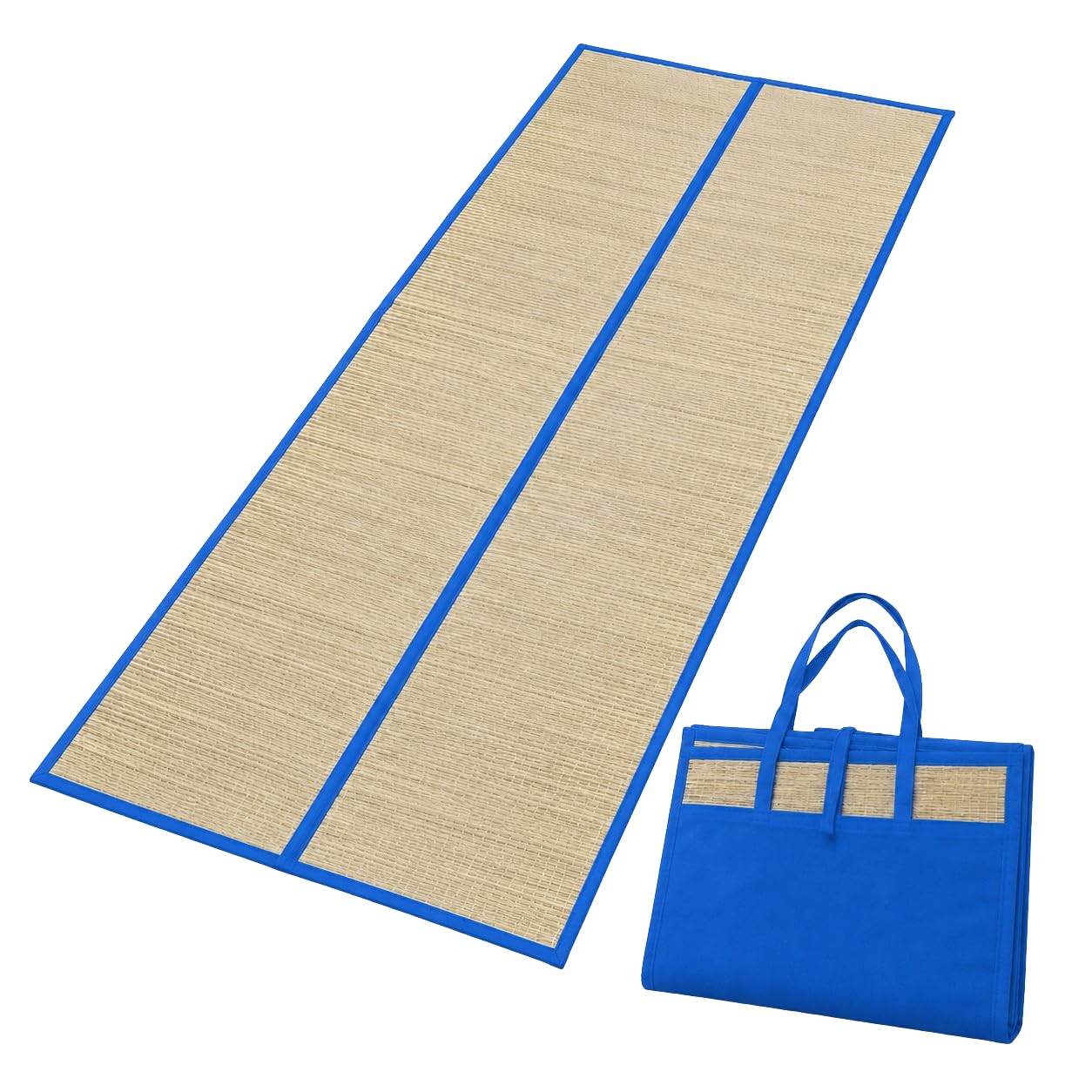 Foldable Straw Beach Mat 24 x 72 in Portable Carry Handles (Blue)