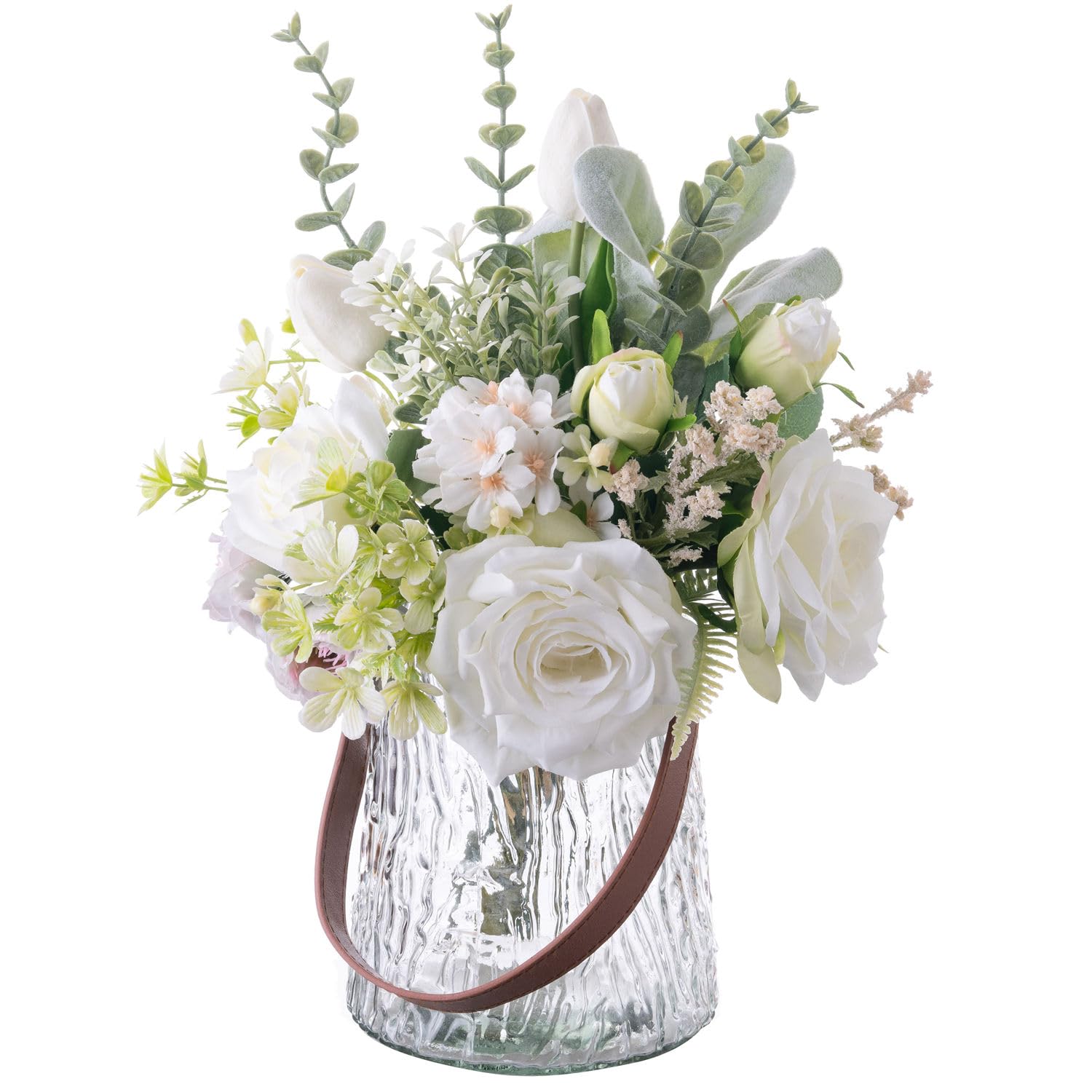 KIRIFLY Fake Artificial Flowers in Vase Faux Rose Silk Tulip Flower Centerpieces Décor for Wedding Table Decoration(White in Glass)