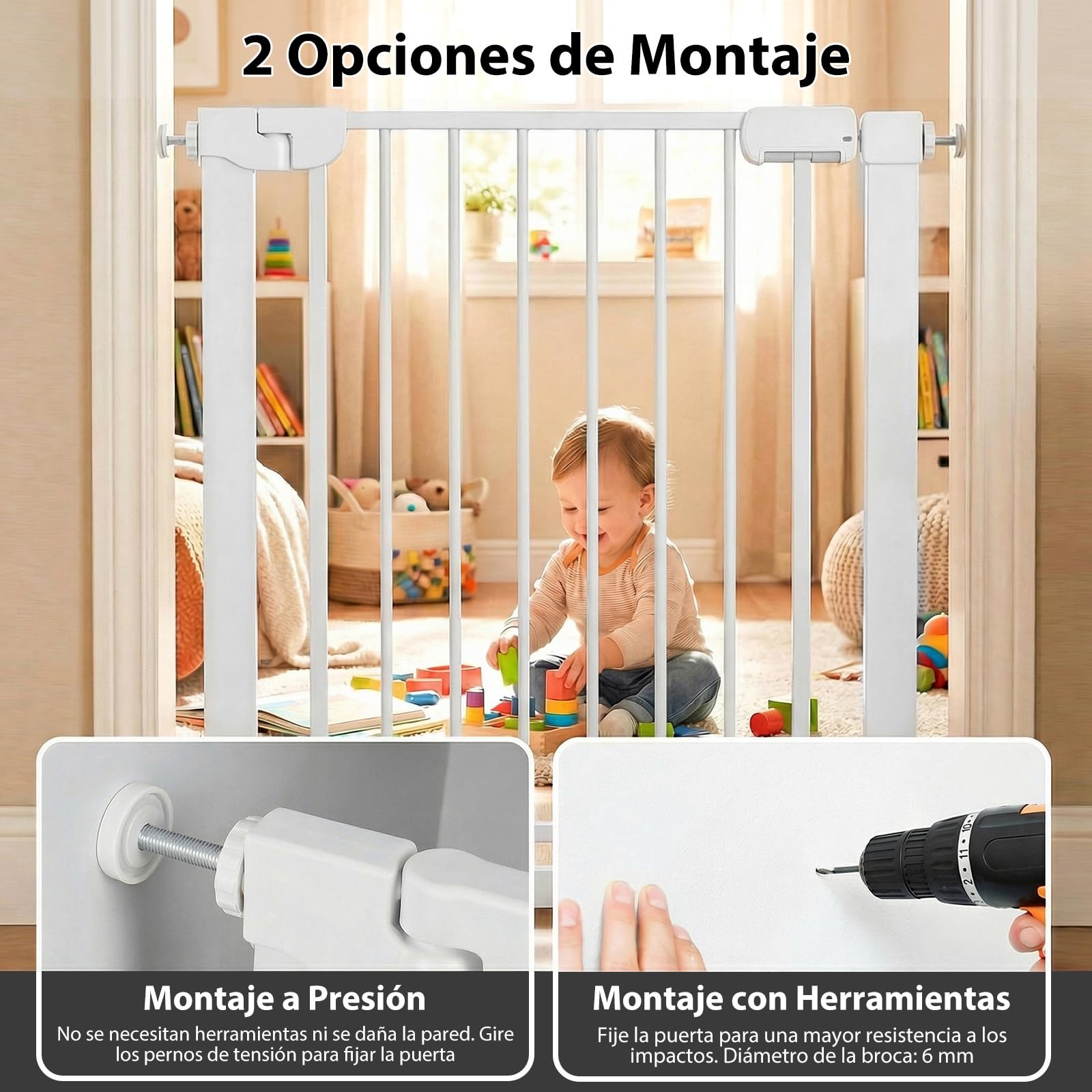 COSTWAY Barrera Seguridad Niños, 75-82 cm, Valla Seguridad Infantil con Cierre Automático, Operación con una Mano, No Requiere Perforación, Valla de Seguridad para Niños Mascotas (Blanco)