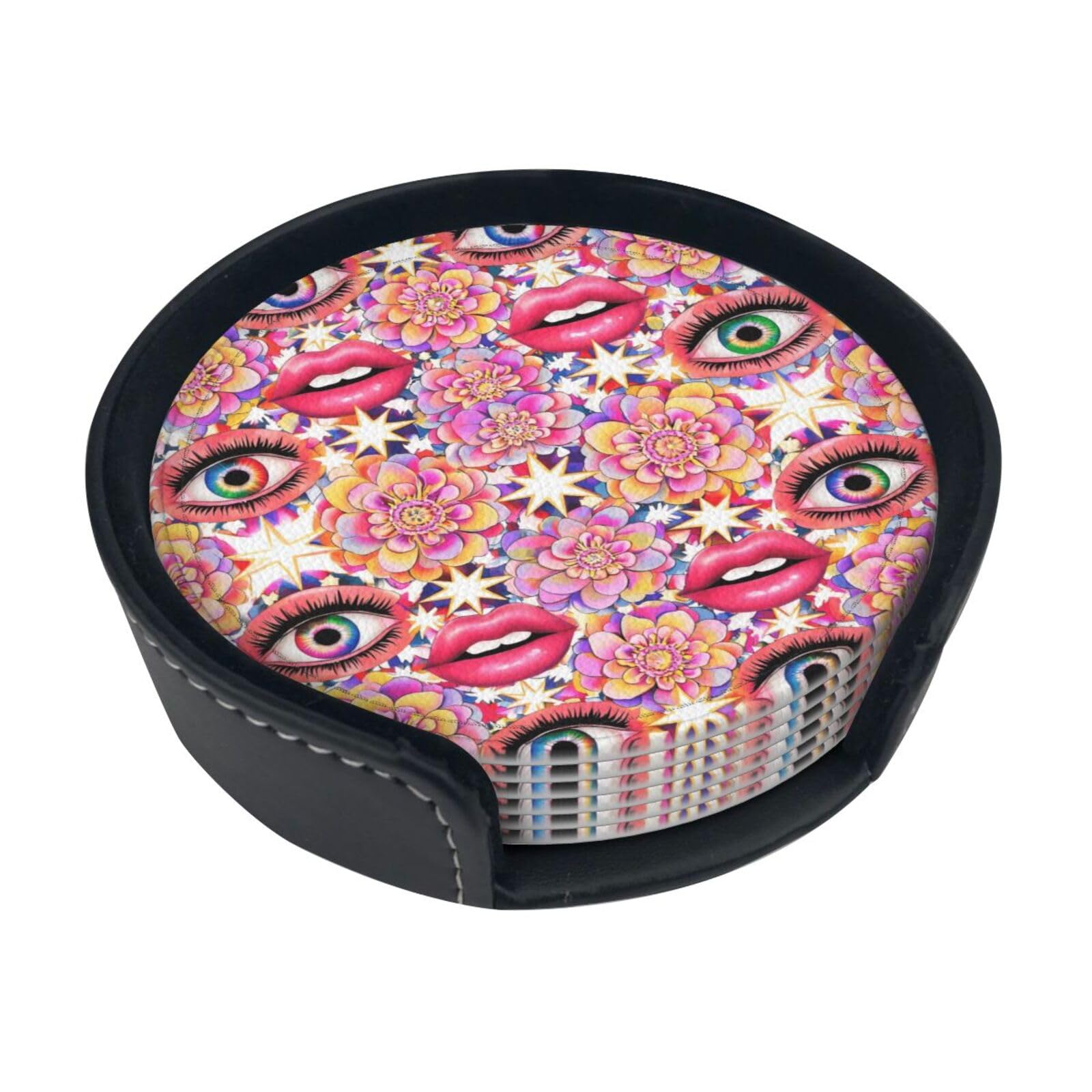 Collage Kaleido Leather Coasters-Set of 6 with Storage Holder