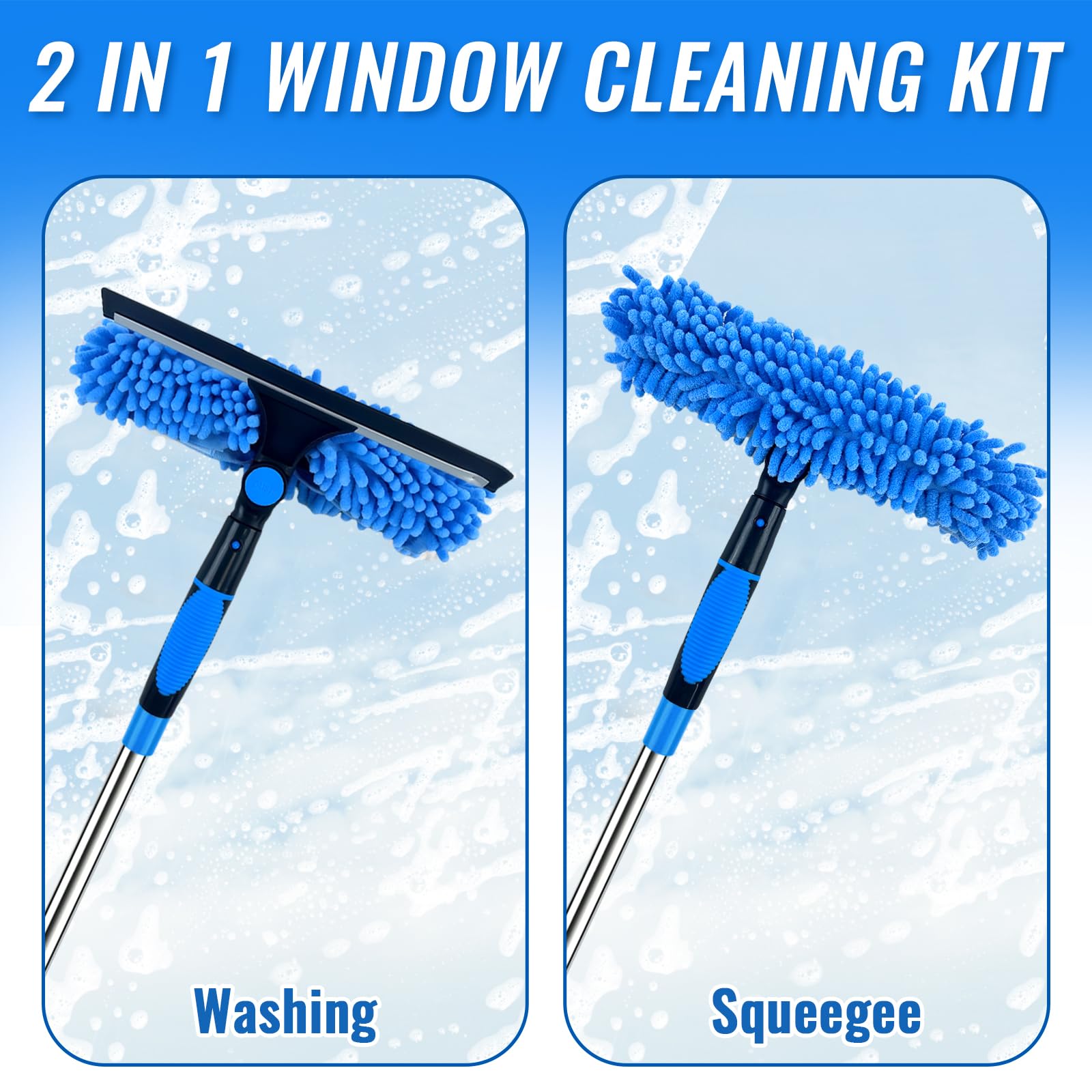 Kit de limpieza de ventanas extensible de 450 cm, limpiador profesional de cristales con paños de microfibra y chenilla, mango telescópico, limpiador de ventanas sin rayas