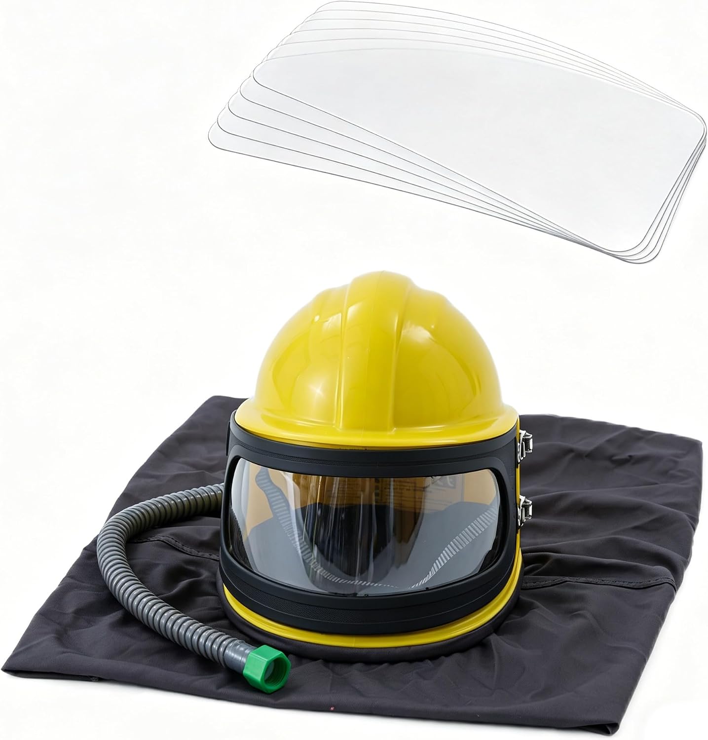 Yellow Professional Sandblasting Hood with Air Supply, Heavy Duty ABS Blasting Helmet with Shoulder Protection, 5 Lenses and Tube for Abrasive Blasting, Grinding, Spraying and Industrial Safety Gear