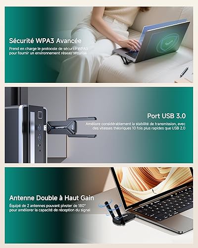 COMFAST BE6500 Clé WiFi 7 Puissante, Tri-Bande 6GHz / 5GHz / 2.4GHz Adaptateur USB WiFi Longue Portée, Clé WiFi pour PC USB 3.0 Dongle WiFi, Compatible avec Windows 11/10, MLO, WPA3 - 5