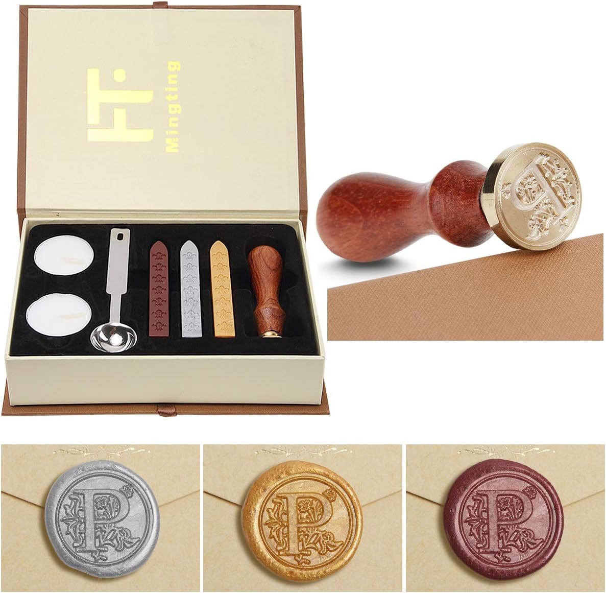 Mingting Wax Seal Stamp Kit,Mingting Classical Old-Fashioned Antique Wax Stamp Seal Kit Initial Letters Alphabet Set Gift Box with Vintage Wooden Handle and Brass Color Head(P)