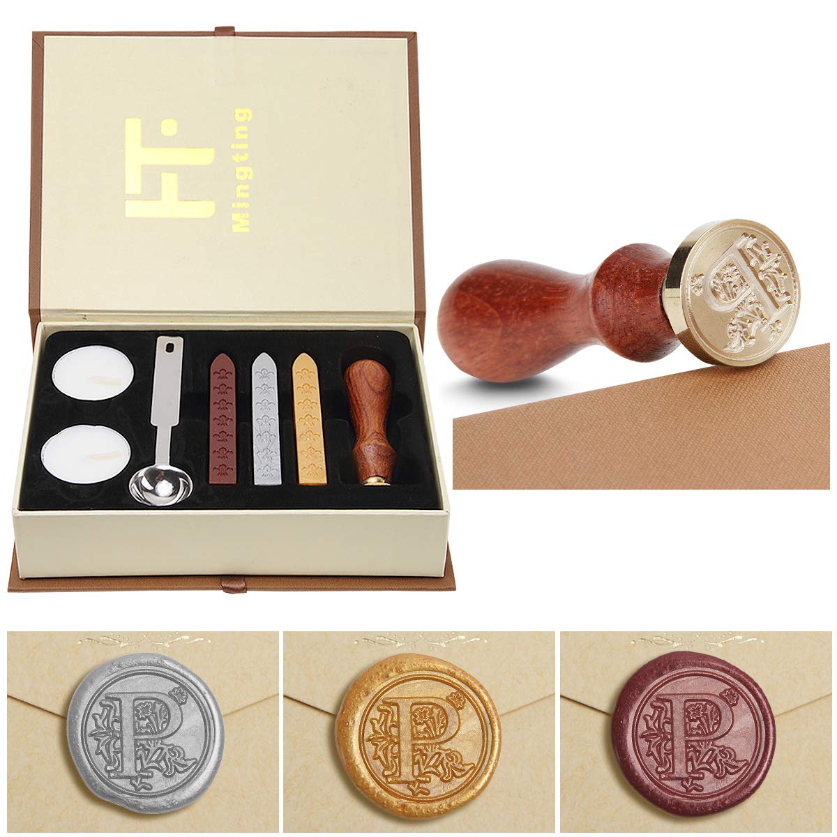 Mingting Wax Seal Stamp Kit,Mingting Classical Old-Fashioned Antique Wax Stamp Seal Kit Initial Letters Alphabet Set Gift Box with Vintage Wooden Handle and Brass Color Head(P)