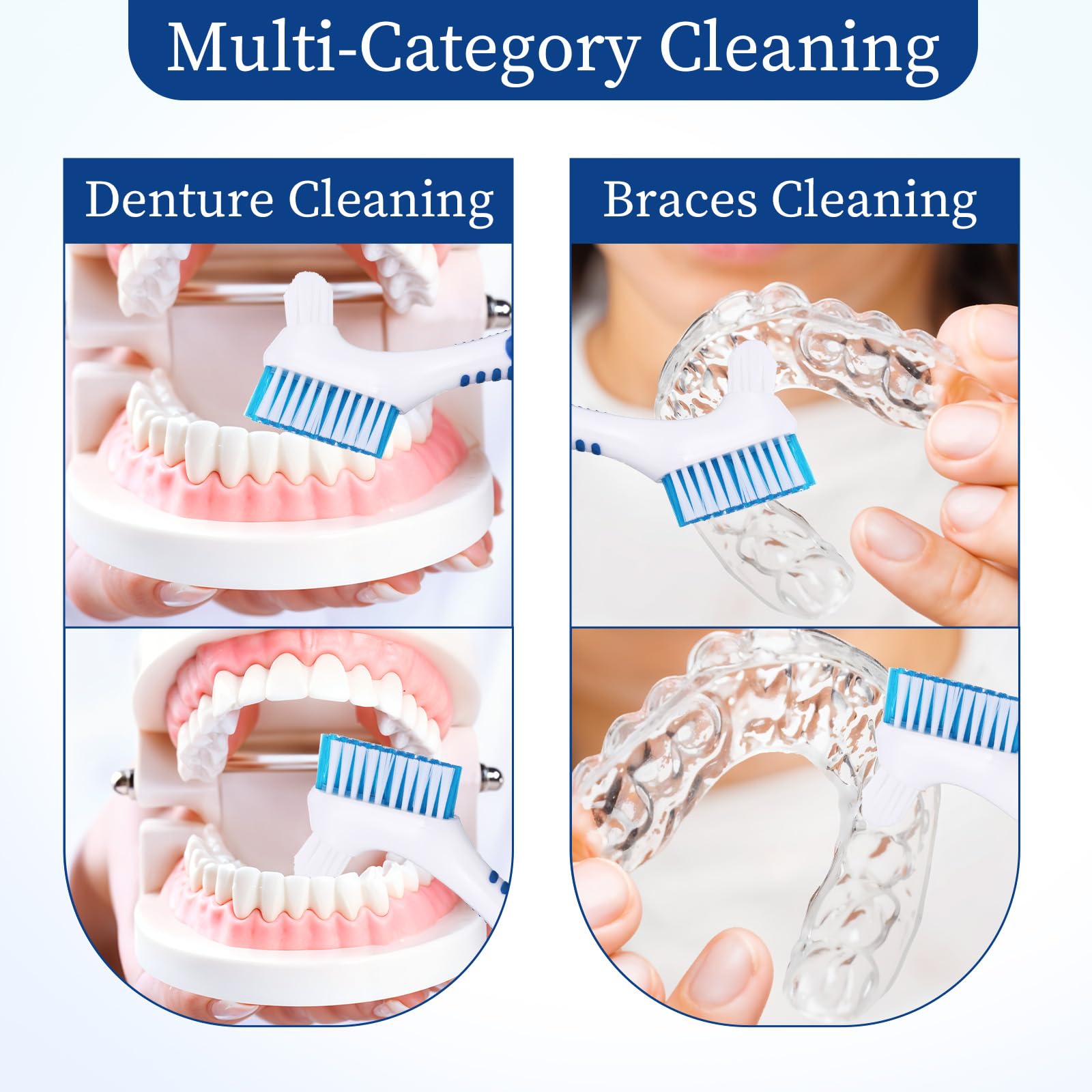 JIYIN 4PCS Denture Brush Hard Bristles, Denture Cleaner Brush for Dental Devices Denture Care, Dual Head Denture Toothbrush with Non-Slip Rubber Handle Top Denture Cleanser Tool