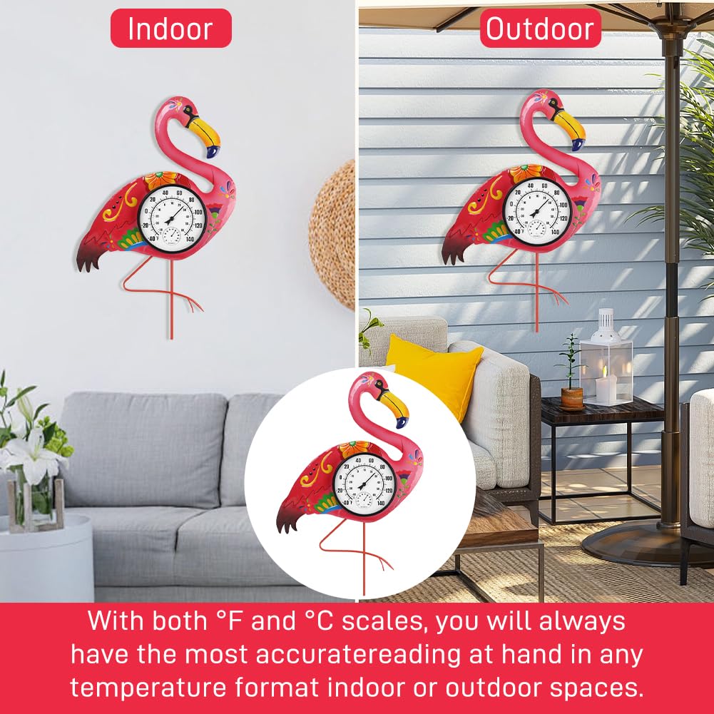 Flamingo - Termómetro para interiores y exteriores con humedad, termómetro exterior decorativo de 24 pulgadas para patio, jardín, decoración de sala de estar, números grandes fáciles de leer