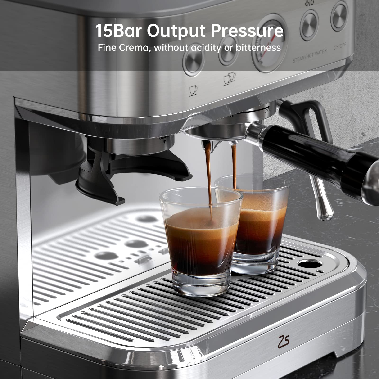 Garvee Macchina per Caffè Espresso Professionale con Macinacaffè Integrato e Schiumatore Latte, 15 Bar, Serbatoio 2.3 L, Acciaio Inox - Ideale per Cappuccino e Caffè in Grani
