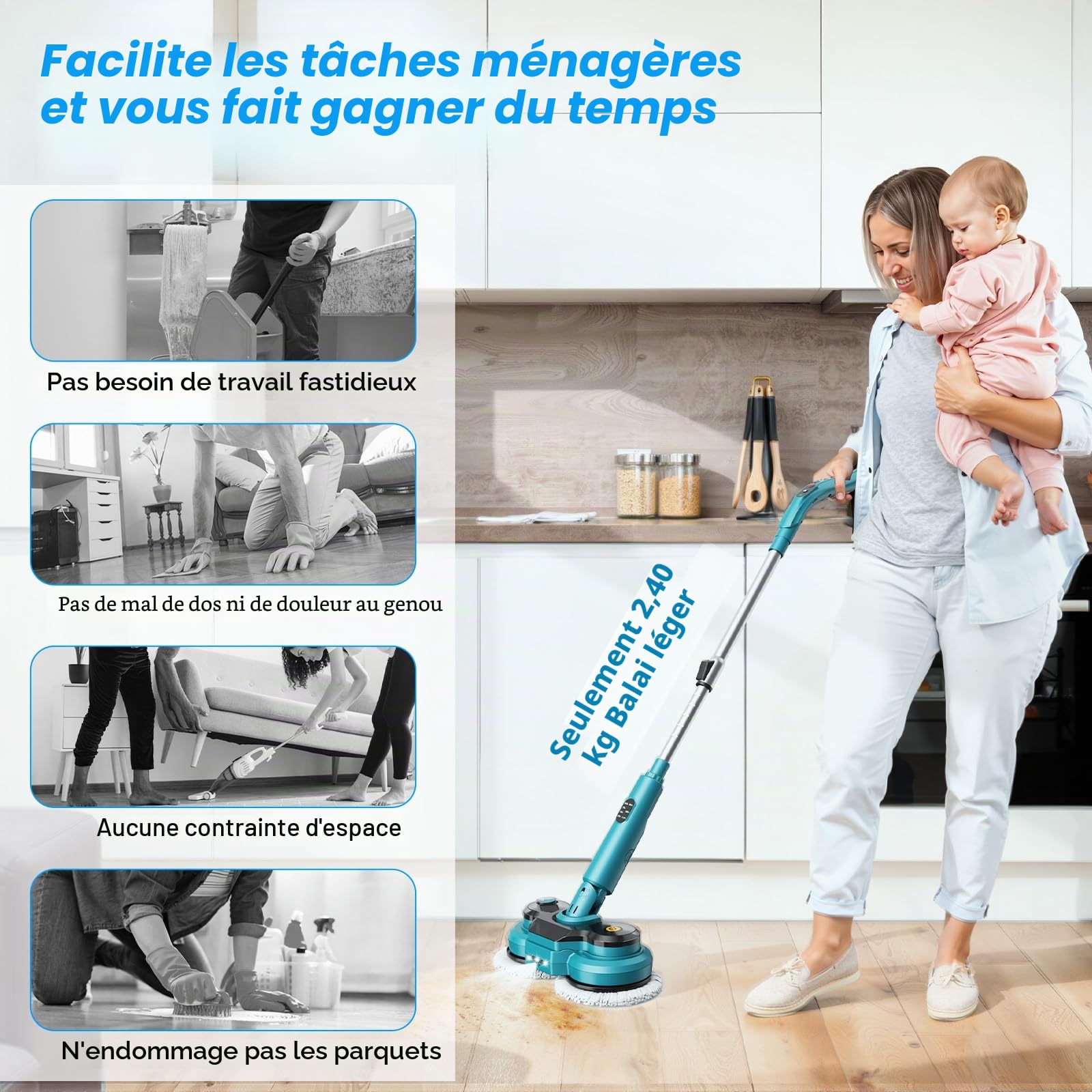 Balai Électrique Sans Fil avec 2 Batteries de 2000 mAh, Balai à Double Rotation avec Pulvérisateur/Phare LED/ Écran Intelligent,Serpillere Electrique avec Réservoir d'eau de 300 ML Pour Sols Multiples