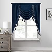 Vista 9 de StangH Cortinas decorativas de lujo, cenefa azul con bloqueo de luz, cenefa festoneada para ventana pequeña con bolsillo sólido para barra, cortina