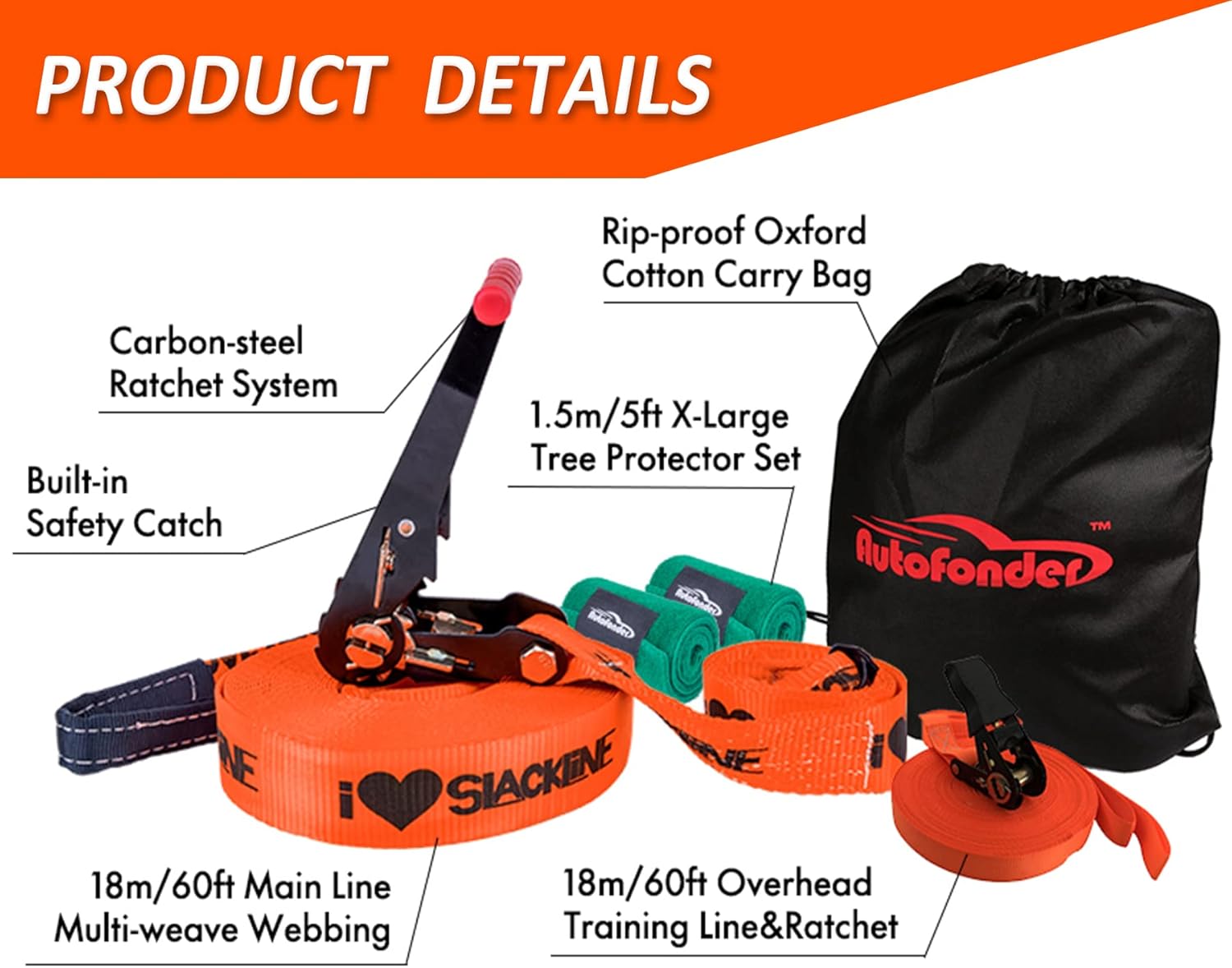 Autofonder Slackline Kit with Training Line-250lbs Weight Capacity for Adults Children and Beginners-Perfect Slack Line with Tree Protectors Ratchet Cover Instructions and Carry Bag for Tree Backyard