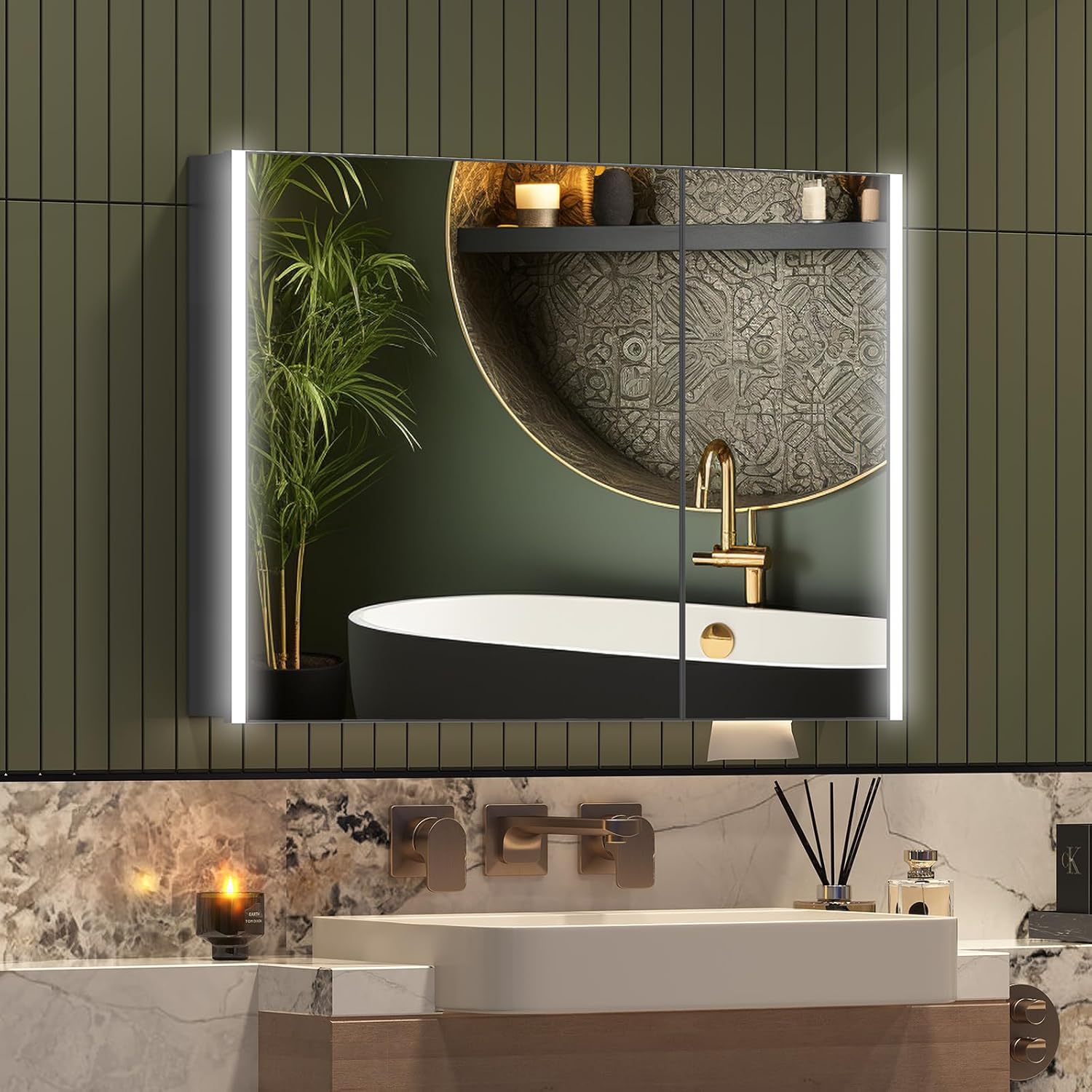 Medicine Cabinet Mirror with Lights, Fully Assembled Lighted Medicine Cabinets for Bathroom, Surface Mount Large Black LED Medicine Cabinet with Storage (24" H x 32" W, Horizontal)