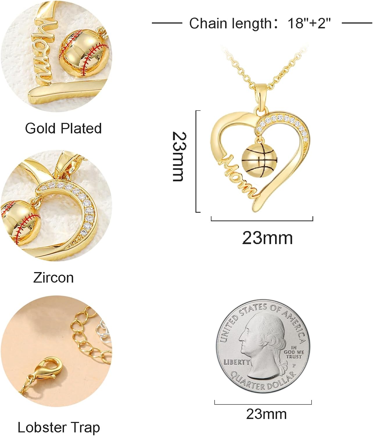 Baseball Soccer Softball Mom Necklace Gift for Women, 18K Gold Plated Sport Accessories Jewelry 18+2 Inches - Image 3