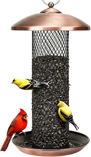 Kingsyard Mesh Tube Bird Feeders for Outdoors Hanging, All Metal, Wild Bird Feeder for Sunflower Seeds or Mealworm, Large Tray & Weatherproof Roof, 2.5 lbs Capacity (Antique Copper)