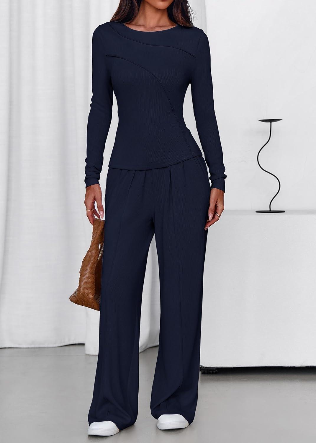 Lazysmile Lounge Sets For Women 2 Piece Sets Fall Outfits Long Sleeve Tops with Wide Legs Pants Casual Matching Set - Image 7