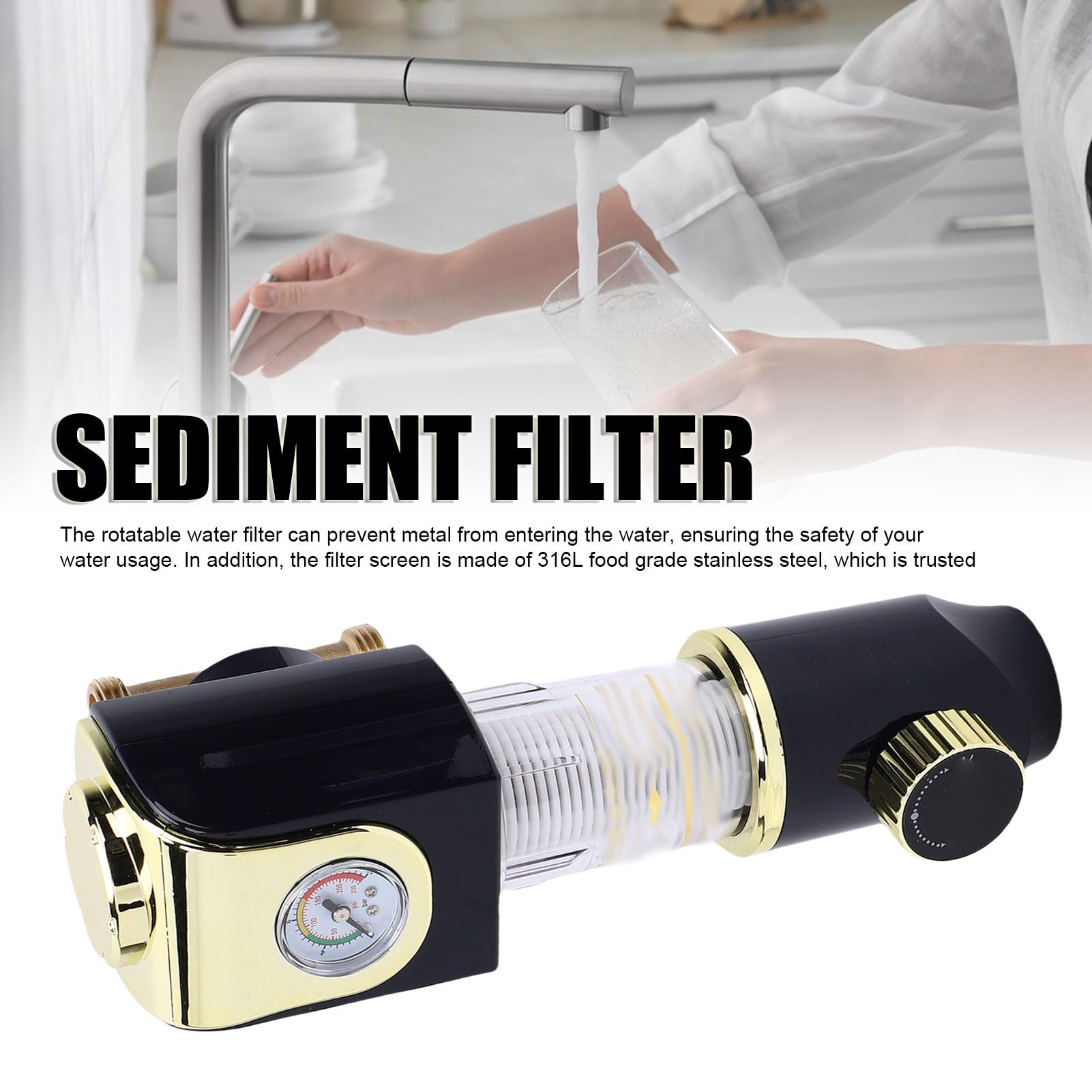 Filtro de Sedimentos de Prefiltración de Agua Filtro Giratorio para Toda la Casa Pantalla de Acero Inoxidable 316L de 40 Micras Flujo 8T H con Manómetro para Agua